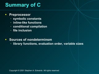 Summary of C Preprocessor symbolic constants inline-like functions conditional compilation file inclusion Sources of nondeterminsm library functions, evaluation order, variable sizes 