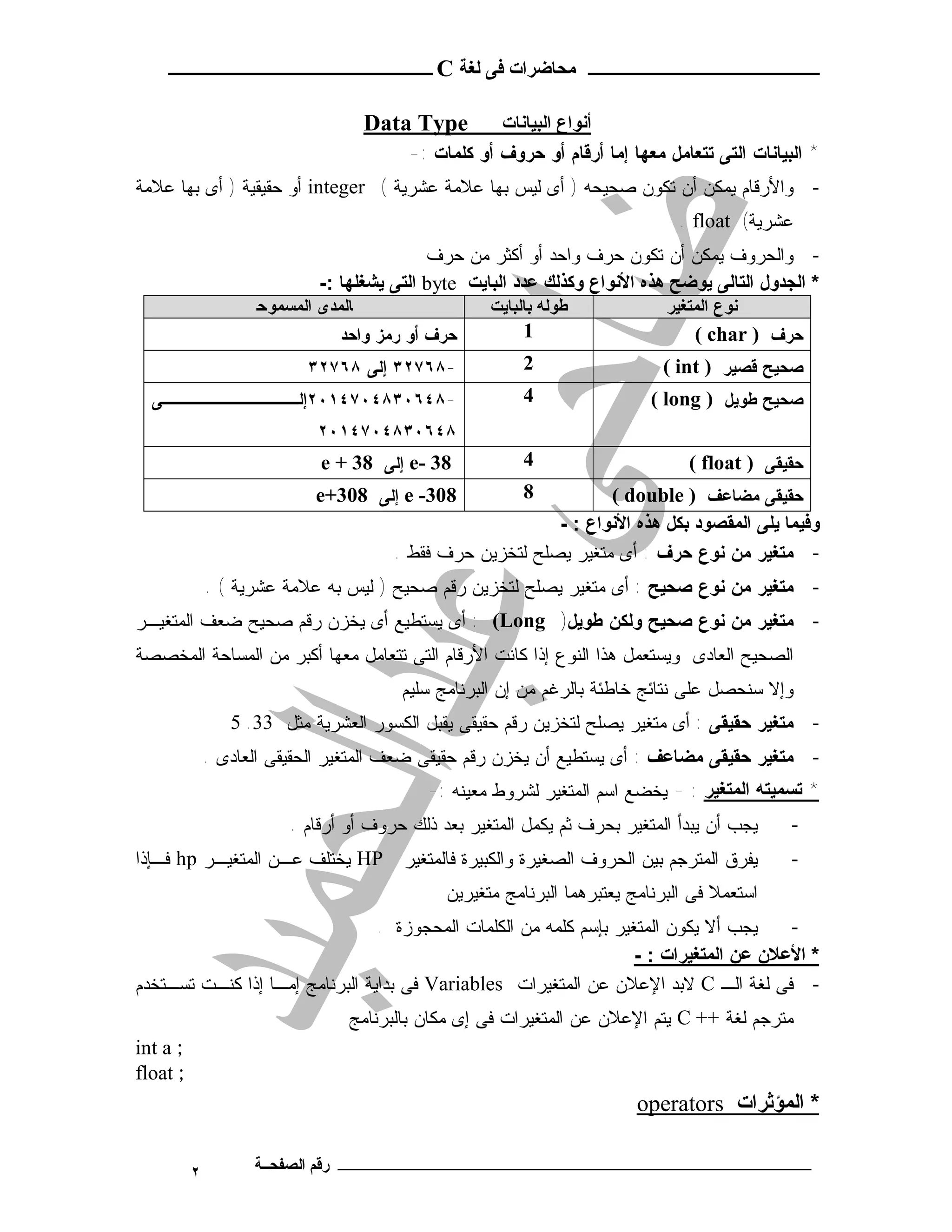 ‫ـــــــــــــــــــــ ﻣﺤﺎﺿﺮات ﻓﻰ ﻟﻐﺔ ‪ C‬ــــــــــــــــــــــــ‬


                                   ‫‪Data Type‬‬         ‫أﻧﻮاع اﻟﺒﯿﺎﻧﺎت‬
                                         ‫* ﺍﻟﺒﻴﺎﻨﺎﺕ ﺍﻟﺘﻰ ﺘﺘﻌﺎﻤل ﻤﻌﻬﺎ ﺇﻤﺎ ﺃﺭﻗﺎﻡ ﺃﻭ ﺤﺭﻭﻑ ﺃﻭ ﻜﻠﻤﺎﺕ :-‬
‫- ﻭﺍﻷﺭﻗﺎﻡ ﻴﻤﻜﻥ ﺃﻥ ﺘﻜﻭﻥ ﺼﺤﻴﺤﻪ ) ﺃﻯ ﻟﻴﺱ ﺒﻬﺎ ﻋﻼﻤﺔ ﻋﺸﺭﻴﺔ ( ‪ integer‬ﺃﻭ ﺤﻘﻴﻘﻴﺔ ) ﺃﻯ ﺒﻬﺎ ﻋﻼﻤﺔ‬
                                                                              ‫ﻋﺸﺭﻴﺔ( ‪. float‬‬
                                           ‫- ﻭﺍﻟﺤﺭﻭﻑ ﻴﻤﻜﻥ ﺃﻥ ﺘﻜﻭﻥ ﺤﺭﻑ ﻭﺍﺤﺩ ﺃﻭ ﺃﻜﺜﺭ ﻤﻥ ﺤﺭﻑ‬
                            ‫* اﻟﺠﺪول اﻟﺘﺎﻟﻰ ﯾﻮﺿﺢ ﻫﺬه اﻷﻧﻮاع وﻛﺬﻟﻚ ﻋﺪد اﻟﺒﺎﯾﺖ ‪ byte‬اﻟﺘﻰ ﯾﺸﻐﻠﻬﺎ :-‬
                    ‫ﺎﻟﻤﺪى اﻟﻤﺴﻤﻮﺣ‬                   ‫ﻃﻮﻟﻪ ﺑﺎﻟﺒﺎﯾﺖ‬             ‫ﻧﻮع اﻟﻤﺘﻐﯿﺮ‬
                               ‫ﺤﺭﻑ ﺃﻭ ﺭﻤﺯ ﻭﺍﺤﺩ‬           ‫1‬                       ‫ﺤﺭﻑ ) ‪( char‬‬
                           ‫-٨٦٧٢٣ ﺇﻟﻰ ٨٦٧٢٣‬              ‫2‬                  ‫ﺼﺤﻴﺢ ﻗﺼﻴﺭ ) ‪( int‬‬
  ‫-٨٤٦٠٣٨٤٠٧٤١٠٢ﺇﻟــــــــــــﻰ‬                          ‫4‬                ‫ﺼﺤﻴﺢ ﻁﻭﻴل ) ‪( long‬‬
                            ‫٨٤٦٠٣٨٤٠٧٤١٠٢‬
                             ‫83 -‪ e‬ﺇﻟﻰ 83 + ‪e‬‬            ‫4‬                      ‫ﺤﻘﻴﻘﻰ ) ‪( float‬‬
                            ‫803- ‪ e‬ﺇﻟﻰ 803+‪e‬‬             ‫8‬        ‫ﺤﻘﻴﻘﻰ ﻤﻀﺎﻋﻑ ) ‪( double‬‬
                                                           ‫وﻓﯿﻤﺎ ﯾﻠﻰ اﻟﻤﻘﺼﻮد ﺑﻜﻞ ﻫﺬه اﻷﻧﻮاع : -‬
                                       ‫- ﻤﺘﻐﻴﺭ ﻤﻥ ﻨﻭﻉ ﺤﺭﻑ : ﺃﻯ ﻤﺘﻐﻴﺭ ﻴﺼﻠﺢ ﻟﺘﺨﺯﻴﻥ ﺤﺭﻑ ﻓﻘﻁ .‬
              ‫- ﻤﺘﻐﻴﺭ ﻤﻥ ﻨﻭﻉ ﺼﺤﻴﺢ : ﺃﻯ ﻤﺘﻐﻴﺭ ﻴﺼﻠﺢ ﻟﺘﺨﺯﻴﻥ ﺭﻗﻡ ﺼﺤﻴﺢ ) ﻟﻴﺱ ﺒﻪ ﻋﻼﻤﺔ ﻋﺸﺭﻴﺔ ( .‬
‫- ﻤﺘﻐﻴﺭ ﻤﻥ ﻨﻭﻉ ﺼﺤﻴﺢ ﻭﻟﻜﻥ ﻁﻭﻴل) ‪ : (Long‬ﺃﻯ ﻴﺴﺘﻁﻴﻊ ﺃﻯ ﻴﺨﺯﻥ ﺭﻗﻡ ﺼﺤﻴﺢ ﻀﻌﻑ ﺍﻟﻤﺘﻐﻴـﺭ‬
‫ﺍﻟﺼﺤﻴﺢ ﺍﻟﻌﺎﺩﻯ ﻭﻴﺴﺘﻌﻤل ﻫﺫﺍ ﺍﻟﻨﻭﻉ ﺇﺫﺍ ﻜﺎﻨﺕ ﺍﻷﺭﻗﺎﻡ ﺍﻟﺘﻰ ﺘﺘﻌﺎﻤل ﻤﻌﻬﺎ ﺃﻜﺒﺭ ﻤﻥ ﺍﻟﻤﺴﺎﺤﺔ ﺍﻟﻤﺨﺼﺼﺔ‬
                                        ‫ﻭﺇﻻ ﺴﻨﺤﺼل ﻋﻠﻰ ﻨﺘﺎﺌﺞ ﺨﺎﻁﺌﺔ ﺒﺎﻟﺭﻏﻡ ﻤﻥ ﺇﻥ ﺍﻟﺒﺭﻨﺎﻤﺞ ﺴﻠﻴﻡ‬
                 ‫- ﻤﺘﻐﻴﺭ ﺤﻘﻴﻘﻰ : ﺃﻯ ﻤﺘﻐﻴﺭ ﻴﺼﻠﺢ ﻟﺘﺨﺯﻴﻥ ﺭﻗﻡ ﺤﻘﻴﻘﻰ ﻴﻘﺒل ﺍﻟﻜﺴﻭﺭ ﺍﻟﻌﺸﺭﻴﺔ ﻤﺜل 33. 5‬
              ‫- ﻤﺘﻐﻴﺭ ﺤﻘﻴﻘﻰ ﻤﻀﺎﻋﻑ : ﺃﻯ ﻴﺴﺘﻁﻴﻊ ﺃﻥ ﻴﺨﺯﻥ ﺭﻗﻡ ﺤﻘﻴﻘﻰ ﻀﻌﻑ ﺍﻟﻤﺘﻐﻴﺭ ﺍﻟﺤﻘﻴﻘﻰ ﺍﻟﻌﺎﺩﻯ .‬
                                           ‫* ﺗﺴﻤﯿﺘﻪ اﻟﻤﺘﻐﯿﺮ : - ﻴﺨﻀﻊ ﺍﺴﻡ ﺍﻟﻤﺘﻐﻴﺭ ﻟﺸﺭﻭﻁ ﻤﻌﻴﻨﻪ :-‬
                         ‫ﻴﺠﺏ ﺃﻥ ﻴﺒﺩﺃ ﺍﻟﻤﺘﻐﻴﺭ ﺒﺤﺭﻑ ﺜﻡ ﻴﻜﻤل ﺍﻟﻤﺘﻐﻴﺭ ﺒﻌﺩ ﺫﻟﻙ ﺤﺭﻭﻑ ﺃﻭ ﺃﺭﻗﺎﻡ .‬     ‫-‬
‫‪ HP‬ﻴﺨﺘﻠﻑ ﻋـﻥ ﺍﻟﻤﺘﻐﻴـﺭ ‪ hp‬ﻓـﺈﺫﺍ‬          ‫ﻴﻔﺭﻕ ﺍﻟﻤﺘﺭﺠﻡ ﺒﻴﻥ ﺍﻟﺤﺭﻭﻑ ﺍﻟﺼﻐﻴﺭﺓ ﻭﺍﻟﻜﺒﻴﺭﺓ ﻓﺎﻟﻤﺘﻐﻴﺭ‬     ‫-‬
                                              ‫ﺍﺴﺘﻌﻤﻼ ﻓﻰ ﺍﻟﺒﺭﻨﺎﻤﺞ ﻴﻌﺘﺒﺭﻫﻤﺎ ﺍﻟﺒﺭﻨﺎﻤﺞ ﻤﺘﻐﻴﺭﻴﻥ‬
                                 ‫ﻴﺠﺏ ﺃﻻ ﻴﻜﻭﻥ ﺍﻟﻤﺘﻐﻴﺭ ﺒﺈﺴﻡ ﻜﻠﻤﻪ ﻤﻥ ﺍﻟﻜﻠﻤﺎﺕ ﺍﻟﻤﺤﺠﻭﺯﺓ .‬    ‫-‬
                                                                    ‫* اﻷﻋﻼن ﻋﻦ اﻟﻤﺘﻐﯿﺮات : -‬
‫- ﻓﻰ ﻟﻐﺔ ﺍﻟـ ‪ C‬ﻻﺒﺩ ﺍﻹﻋﻼﻥ ﻋﻥ ﺍﻟﻤﺘﻐﻴﺭﺍﺕ ‪ Variables‬ﻓﻰ ﺒﺩﺍﻴﺔ ﺍﻟﺒﺭﻨﺎﻤﺞ ﺇﻤـﺎ ﺇﺫﺍ ﻜﻨـﺕ ﺘﺴـﺘﺨﺩﻡ‬
                                 ‫ﻤﺘﺭﺠﻡ ﻟﻐﺔ ++ ‪ C‬ﻴﺘﻡ ﺍﻹﻋﻼﻥ ﻋﻥ ﺍﻟﻤﺘﻐﻴﺭﺍﺕ ﻓﻰ ﺇﻯ ﻤﻜﺎﻥ ﺒﺎﻟﺒﺭﻨﺎﻤﺞ‬
‫; ‪int a‬‬
‫; ‪float‬‬
                                                                        ‫* اﻟﻤﺆﺛﺮات ‪operators‬‬

          ‫٢‬         ‫ـــــــــــــــــــــــــــــــــــــــــــ رﻗﻢ اﻟﺼﻔﺤــﺔ‬
 