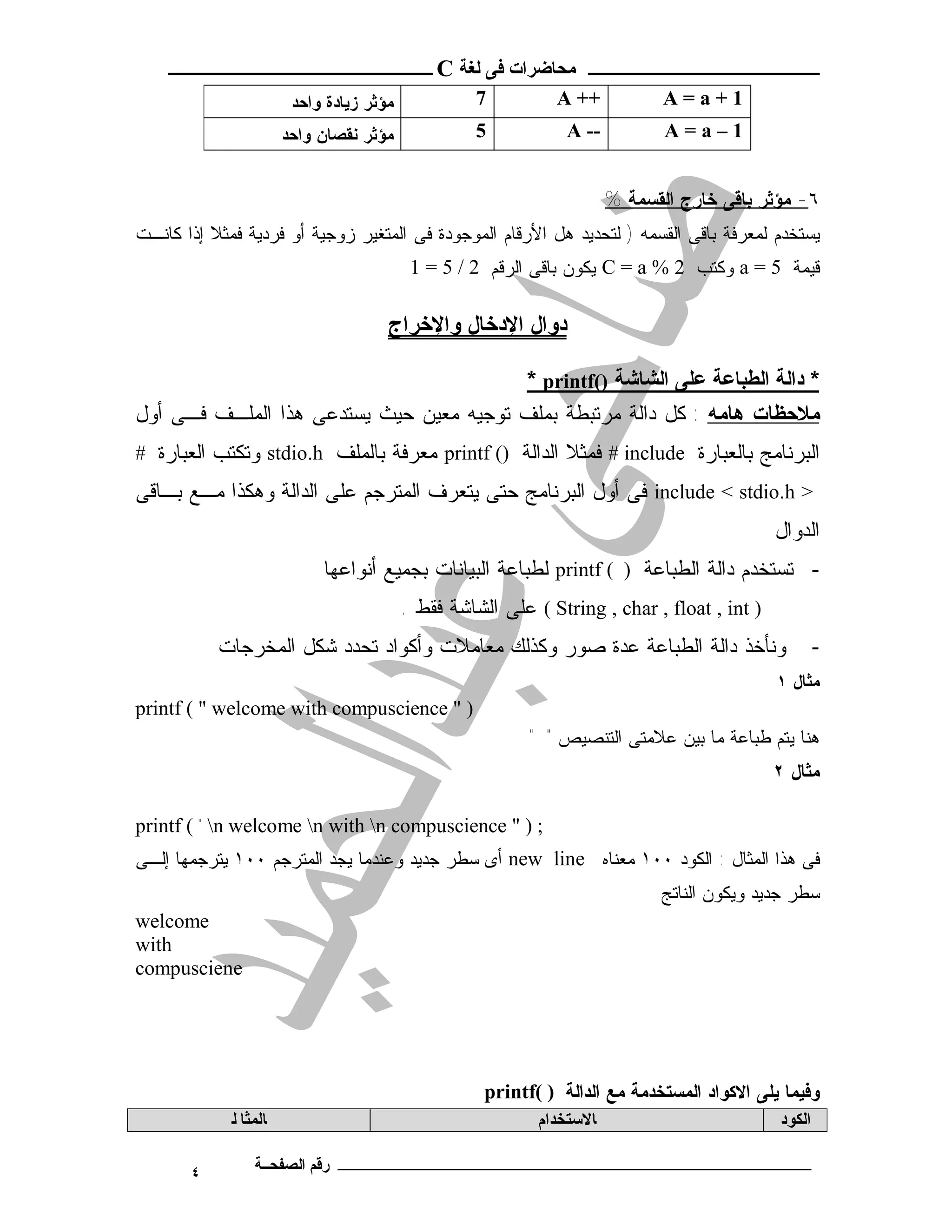 ‫ـــــــــــــــــــــ ﻣﺤﺎﺿﺮات ﻓﻰ ﻟﻐﺔ ‪ C‬ــــــــــــــــــــــــ‬
                        ‫ﻤﺅﺜﺭ ﺯﻴﺎﺩﺓ ﻭﺍﺤﺩ‬             ‫7‬         ‫++ ‪A‬‬            ‫1+‪A=a‬‬
                       ‫ﻤﺅﺜﺭ ﻨﻘﺼﺎﻥ ﻭﺍﺤﺩ‬              ‫5‬           ‫-- ‪A‬‬          ‫1–‪A=a‬‬


                                                                       ‫٦- ﻤﺅﺜﺭ ﺒﺎﻗﻰ ﺨﺎﺭﺝ ﺍﻟﻘﺴﻤﺔ %‬
‫ﻴﺴﺘﺨﺩﻡ ﻟﻤﻌﺭﻓﺔ ﺒﺎﻗﻰ ﺍﻟﻘﺴﻤﻪ ) ﻟﺘﺤﺩﻴﺩ ﻫل ﺍﻷﺭﻗﺎﻡ ﺍﻟﻤﻭﺠﻭﺩﺓ ﻓﻰ ﺍﻟﻤﺘﻐﻴﺭ ﺯﻭﺠﻴﺔ ﺃﻭ ﻓﺭﺩﻴﺔ ﻓﻤﺜﻼ ﺇﺫﺍ ﻜﺎﻨـﺕ‬
                                           ‫ﻗﻴﻤﺔ 5 = ‪ a‬ﻭﻜﺘﺏ 2 % ‪ C = a‬ﻴﻜﻭﻥ ﺒﺎﻗﻰ ﺍﻟﺭﻗﻡ 2 / 5 = 1‬

                                      ‫دوال اﻹدﺧﺎل واﻹﺧﺮاج‬

                                         ‫* داﻟﺔ اﻟﻄﺒﺎﻋﺔ ﻋﻠﻰ اﻟﺸﺎﺷﺔ )(‪* printf‬‬
‫ﻤﻼﺤﻅﺎﺕ ﻫﺎﻤﻪ : ﻜل ﺩﺍﻟﺔ ﻤﺭﺘﺒﻁﺔ ﺒﻤﻠﻑ ﺘﻭﺠﻴﻪ ﻤﻌﻴﻥ ﺤﻴﺙ ﻴﺴﺘﺩﻋﻰ ﻫﺫﺍ ﺍﻟﻤﻠـﻑ ﻓـﻰ ﺃﻭل‬
‫ﺍﻟﺒﺭﻨﺎﻤﺞ ﺒﺎﻟﻌﺒﺎﺭﺓ ‪ # include‬ﻓﻤﺜﻼ ﺍﻟﺩﺍﻟﺔ )( ‪ printf‬ﻤﻌﺭﻓﺔ ﺒﺎﻟﻤﻠﻑ ‪ stdio.h‬ﻭﺘﻜﺘﺏ ﺍﻟﻌﺒﺎﺭﺓ #‬
‫> ‪ include < stdio.h‬ﻓﻰ ﺃﻭل ﺍﻟﺒﺭﻨﺎﻤﺞ ﺤﺘﻰ ﻴﺘﻌﺭﻑ ﺍﻟﻤﺘﺭﺠﻡ ﻋﻠﻰ ﺍﻟﺩﺍﻟﺔ ﻭﻫﻜﺫﺍ ﻤـﻊ ﺒـﺎﻗﻰ‬
                                                                                             ‫ﺍﻟﺩﻭﺍل‬
                            ‫- ﺘﺴﺘﺨﺩﻡ ﺩﺍﻟﺔ ﺍﻟﻁﺒﺎﻋﺔ ) ( ‪ printf‬ﻟﻁﺒﺎﻋﺔ ﺍﻟﺒﻴﺎﻨﺎﺕ ﺒﺠﻤﻴﻊ ﺃﻨﻭﺍﻋﻬﺎ‬
                                          ‫) ‪ ( String , char , float , int‬ﻋﻠﻰ ﺍﻟﺸﺎﺸﺔ ﻓﻘﻁ .‬
           ‫ﻭﻨﺄﺨﺫ ﺩﺍﻟﺔ ﺍﻟﻁﺒﺎﻋﺔ ﻋﺩﺓ ﺼﻭﺭ ﻭﻜﺫﻟﻙ ﻤﻌﺎﻤﻼﺕ ﻭﺃﻜﻭﺍﺩ ﺘﺤﺩﺩ ﺸﻜل ﺍﻟﻤﺨﺭﺠﺎﺕ‬                           ‫-‬
                                                                                             ‫ﻤ ﺜ ﺎل ١‬
‫) " ‪printf ( " welcome with compuscience‬‬
                                                           ‫ﻫﻨﺎ ﻴﺘﻡ ﻁﺒﺎﻋﺔ ﻤﺎ ﺒﻴﻥ ﻋﻼﻤﺘﻰ ﺍﻟﺘﻨﺼﻴﺹ " "‬
                                                                                             ‫ﻤﺜ ﺎ ل ٢‬

‫; ) " ‪printf ( " n welcome n with n compuscience‬‬
‫ﻓﻰ ﻫﺫﺍ ﺍﻟﻤﺜﺎل : ﺍﻟﻜﻭﺩ ٠٠١ ﻤﻌﻨﺎﻩ ‪ new line‬ﺃﻯ ﺴﻁﺭ ﺠﺩﻴﺩ ﻭﻋﻨﺩﻤﺎ ﻴﺠﺩ ﺍﻟﻤﺘﺭﺠﻡ ٠٠١ ﻴﺘﺭﺠﻤﻬﺎ ﺇﻟـﻰ‬
                                                                             ‫ﺴﻁﺭ ﺠﺩﻴﺩ ﻭﻴﻜﻭﻥ ﺍﻟﻨﺎﺘﺞ‬
‫‪welcome‬‬
‫‪with‬‬
‫‪compusciene‬‬




                                                     ‫ﻭﻓﻴﻤﺎ ﻴﻠﻰ ﺍﻻﻜﻭﺍﺩ ﺍﻟﻤﺴﺘﺨﺩﻤﺔ ﻤﻊ ﺍﻟﺩﺍﻟﺔ ) (‪printf‬‬
             ‫ﺎﻟﻤﺜﺎ ﻟ‬                                        ‫ﺎﻻﺳﺘﺨﺪام‬                          ‫اﻟﻜﻮد‬

       ‫٤‬         ‫ـــــــــــــــــــــــــــــــــــــــــــ رﻗﻢ اﻟﺼﻔﺤــﺔ‬
 