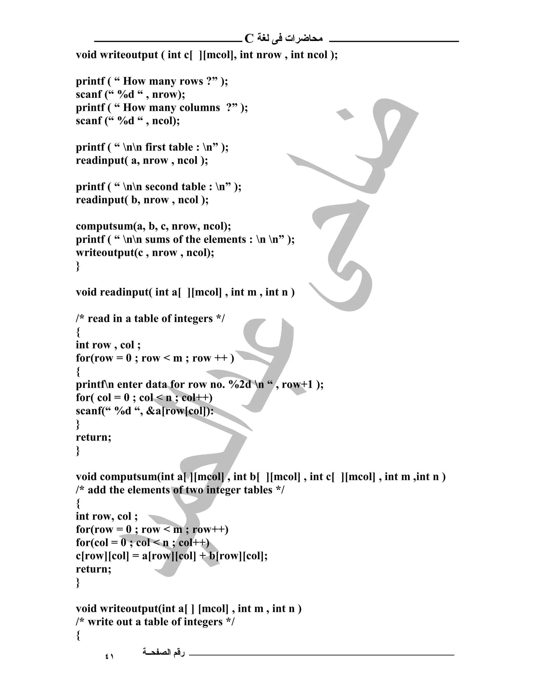 ‫ ــــــــــــــــــــــــ‬C ‫ـــــــــــــــــــــ ﻣﺤﺎﺿﺮات ﻓﻰ ﻟﻐﺔ‬
void writeoutput ( int c[ ][mcol], int nrow , int ncol );

printf ( “ How many rows ?” );
scanf (“ %d “ , nrow);
printf ( “ How many columns ?” );
scanf (“ %d “ , ncol);

printf ( “ nn first table : n” );
readinput( a, nrow , ncol );

printf ( “ nn second table : n” );
readinput( b, nrow , ncol );

computsum(a, b, c, nrow, ncol);
printf ( “ nn sums of the elements : n n” );
writeoutput(c , nrow , ncol);
}

void readinput( int a[ ][mcol] , int m , int n )

/* read in a table of integers */
{
int row , col ;
for(row = 0 ; row < m ; row ++ )
{
printfn enter data for row no. %2d n “ , row+1 );
for( col = 0 ; col < n ; col++)
scanf(“ %d “, &a[row[col]):
}
return;
}

void computsum(int a[ ][mcol] , int b[ ][mcol] , int c[ ][mcol] , int m ,int n )
/* add the elements of two integer tables */
{
int row, col ;
for(row = 0 ; row < m ; row++)
for(col = 0 ; col < n ; col++)
c[row][col] = a[row][col] + b[row][col];
return;
}

void writeoutput(int a[ ] [mcol] , int m , int n )
/* write out a table of integers */
{
      ٤١       ‫ـــــــــــــــــــــــــــــــــــــــــــ رﻗﻢ اﻟﺼﻔﺤــﺔ‬
 