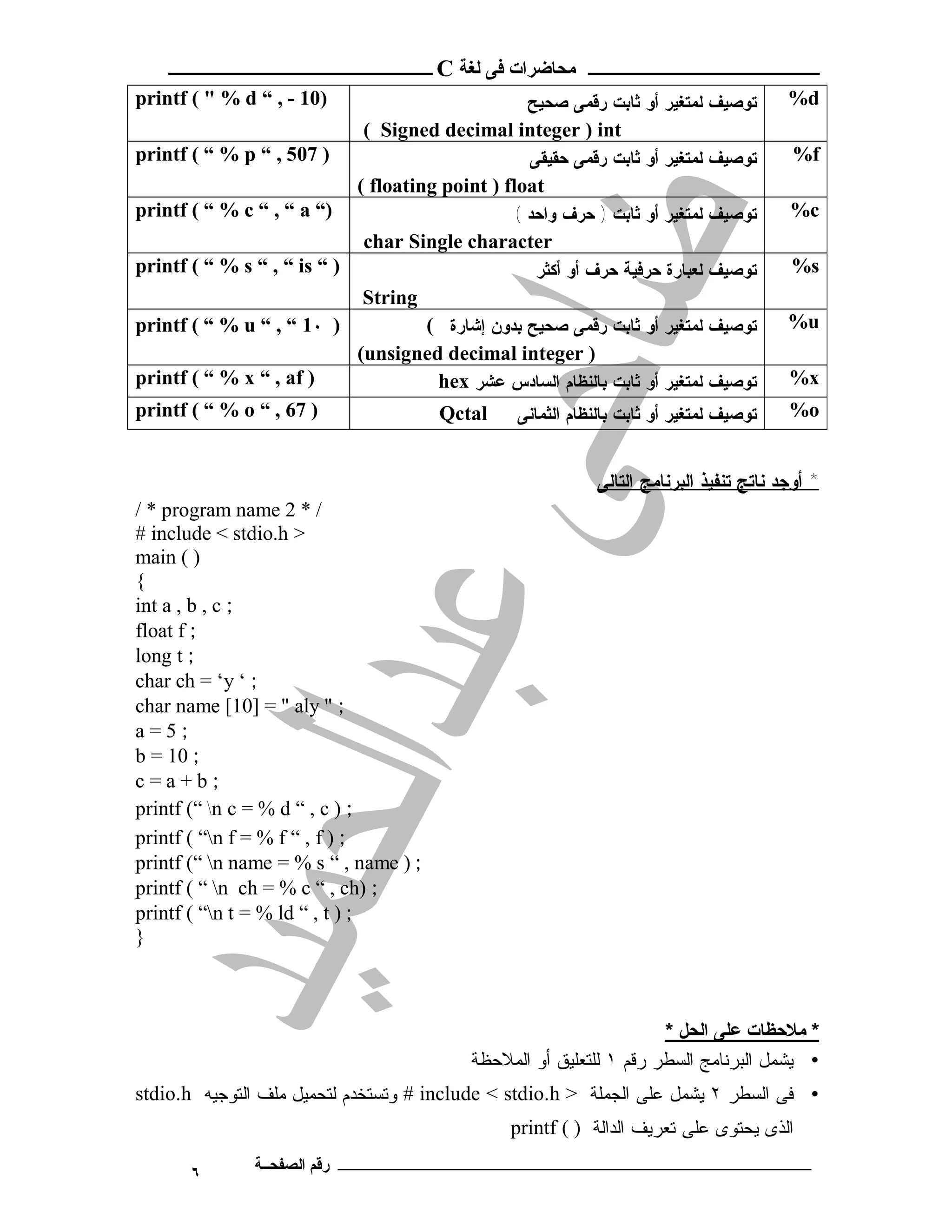 ‫ـــــــــــــــــــــ ﻣﺤﺎﺿﺮات ﻓﻰ ﻟﻐﺔ ‪ C‬ــــــــــــــــــــــــ‬
‫)01 - , “ ‪printf ( " % d‬‬                            ‫ﺘﻭﺼﻴﻑ ﻟﻤﺘﻐﻴﺭ ﺃﻭ ﺜﺎﺒﺕ ﺭﻗﻤﻰ ﺼﺤﻴﺢ‬        ‫‪%d‬‬
                              ‫‪( Signed decimal integer ) int‬‬
‫) 705 , “ ‪printf ( “ % p‬‬                            ‫ﺘﻭﺼﻴﻑ ﻟﻤﺘﻐﻴﺭ ﺃﻭ ﺜﺎﺒﺕ ﺭﻗﻤﻰ ﺤﻘﻴﻘﻰ‬        ‫‪%f‬‬
                              ‫‪( floating point ) float‬‬
‫)“ ‪printf ( “ % c “ , “ a‬‬                         ‫ﺘﻭﺼﻴﻑ ﻟﻤﺘﻐﻴﺭ ﺃﻭ ﺜﺎﺒﺕ ) ﺤﺭﻑ ﻭﺍﺤﺩ (‬       ‫‪%c‬‬
                              ‫‪char Single character‬‬
‫) “ ‪printf ( “ % s “ , “ is‬‬                          ‫ﺘﻭﺼﻴﻑ ﻟﻌﺒﺎﺭﺓ ﺤﺭﻓﻴﺔ ﺤﺭﻑ ﺃﻭ ﺃﻜﺜﺭ‬       ‫‪%s‬‬
                              ‫‪String‬‬
‫) ٠1 “ , “ ‪printf ( “ % u‬‬            ‫ﺘﻭﺼﻴﻑ ﻟﻤﺘﻐﻴﺭ ﺃﻭ ﺜﺎﺒﺕ ﺭﻗﻤﻰ ﺼﺤﻴﺢ ﺒﺩﻭﻥ ﺇﺸﺎﺭﺓ (‬          ‫‪%u‬‬
                              ‫) ‪(unsigned decimal integer‬‬
‫) ‪printf ( “ % x “ , af‬‬                ‫ﺘﻭﺼﻴﻑ ﻟﻤﺘﻐﻴﺭ ﺃﻭ ﺜﺎﺒﺕ ﺒﺎﻟﻨﻅﺎﻡ ﺍﻟﺴﺎﺩﺱ ﻋﺸﺭ ‪hex‬‬        ‫‪%x‬‬
‫) 76 , “ ‪printf ( “ % o‬‬                 ‫‪Qctal‬‬     ‫ﺘﻭﺼﻴﻑ ﻟﻤﺘﻐﻴﺭ ﺃﻭ ﺜﺎﺒﺕ ﺒﺎﻟﻨﻅﺎﻡ ﺍﻟﺜﻤﺎﻨﻰ‬    ‫‪%o‬‬


                                                              ‫* ﺃﻭﺠﺩ ﻨﺎﺘﺞ ﺘﻨﻔﻴﺫ ﺍﻟﺒﺭﻨﺎﻤﺞ ﺍﻟﺘﺎﻟﻰ‬
‫/ * 2 ‪/ * program name‬‬
‫> ‪# include < stdio.h‬‬
‫) ( ‪main‬‬
‫{‬
‫; ‪int a , b , c‬‬
‫; ‪float f‬‬
‫; ‪long t‬‬
‫; ‘ ‪char ch = ‘y‬‬
‫; " ‪char name [10] = " aly‬‬
‫;5=‪a‬‬
‫; 01 = ‪b‬‬
‫;‪c=a+b‬‬
‫; ) ‪printf (“ n c = % d “ , c‬‬
‫; ) ‪printf ( “n f = % f “ , f‬‬
‫; ) ‪printf (“ n name = % s “ , name‬‬
‫; )‪printf ( “ n ch = % c “ , ch‬‬
‫; ) ‪printf ( “n t = % ld “ , t‬‬
‫}‬



                                                                      ‫* ﻣﻼﺣﻈﺎت ﻋﻠﻰ اﻟﺤﻞ *‬
                                            ‫• ﻴﺸﻤل ﺍﻟﺒﺭﻨﺎﻤﺞ ﺍﻟﺴﻁﺭ ﺭﻗﻡ ١ ﻟﻠﺘﻌﻠﻴﻕ ﺃﻭ ﺍﻟﻤﻼﺤﻅﺔ‬
‫• ﻓﻰ ﺍﻟﺴﻁﺭ ٢ ﻴﺸﻤل ﻋﻠﻰ ﺍﻟﺠﻤﻠﺔ > ‪ # include < stdio.h‬ﻭﺘﺴﺘﺨﺩﻡ ﻟﺘﺤﻤﻴل ﻤﻠﻑ ﺍﻟﺘﻭﺠﻴﻪ ‪stdio.h‬‬
                                                 ‫ﺍﻟﺫﻯ ﻴﺤﺘﻭﻯ ﻋﻠﻰ ﺘﻌﺭﻴﻑ ﺍﻟﺩﺍﻟﺔ ) ( ‪printf‬‬

       ‫٦‬       ‫ـــــــــــــــــــــــــــــــــــــــــــ رﻗﻢ اﻟﺼﻔﺤــﺔ‬
 