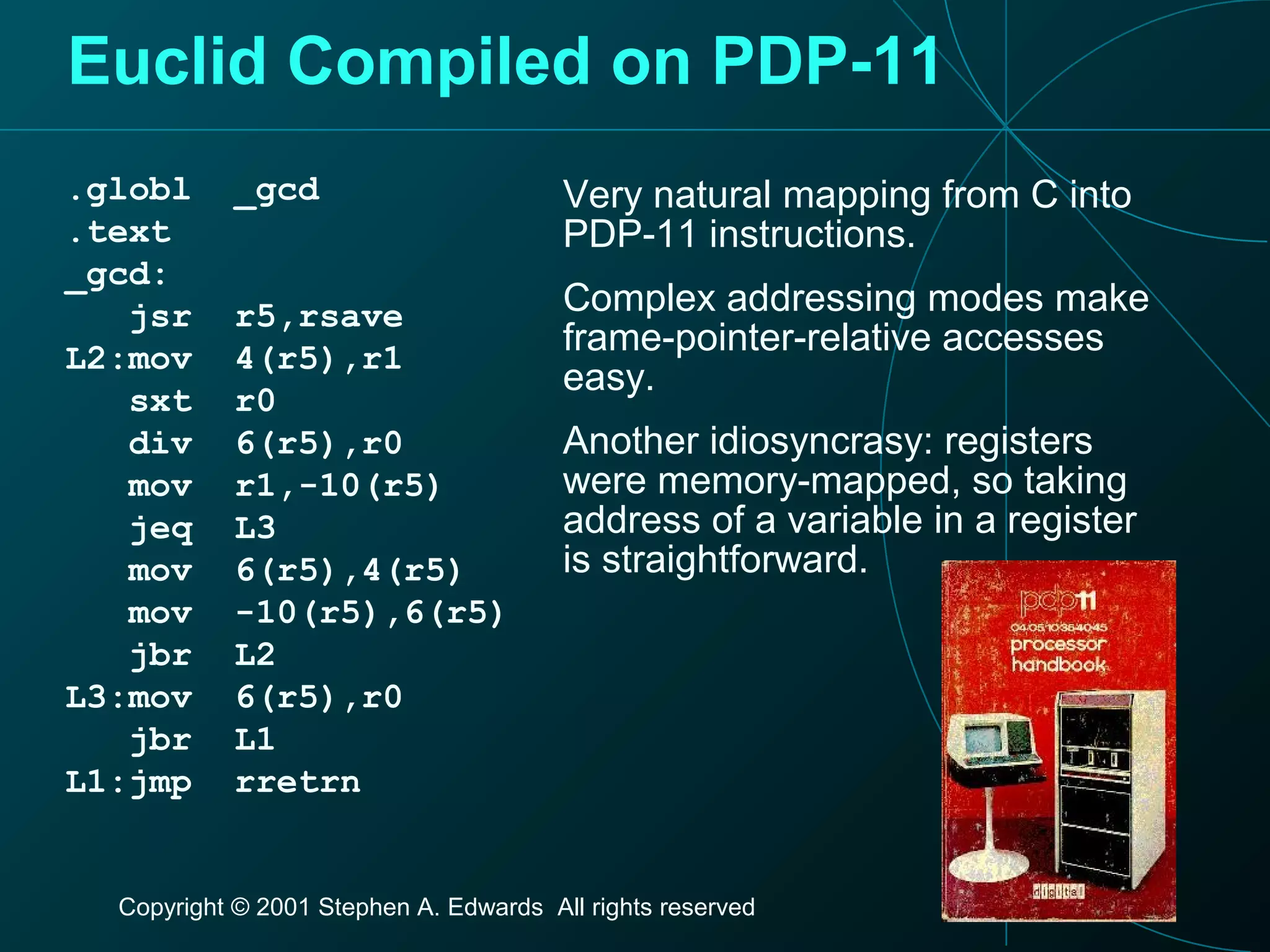 Copyright © 2001 Stephen A. Edwards All rights reserved
Euclid Compiled on PDP-11
.globl _gcd
.text
_gcd:
jsr r5,rsave
L2:mov 4(r5),r1
sxt r0
div 6(r5),r0
mov r1,-10(r5)
jeq L3
mov 6(r5),4(r5)
mov -10(r5),6(r5)
jbr L2
L3:mov 6(r5),r0
jbr L1
L1:jmp rretrn
Very natural mapping from C into
PDP-11 instructions.
Complex addressing modes make
frame-pointer-relative accesses
easy.
Another idiosyncrasy: registers
were memory-mapped, so taking
address of a variable in a register
is straightforward.
 