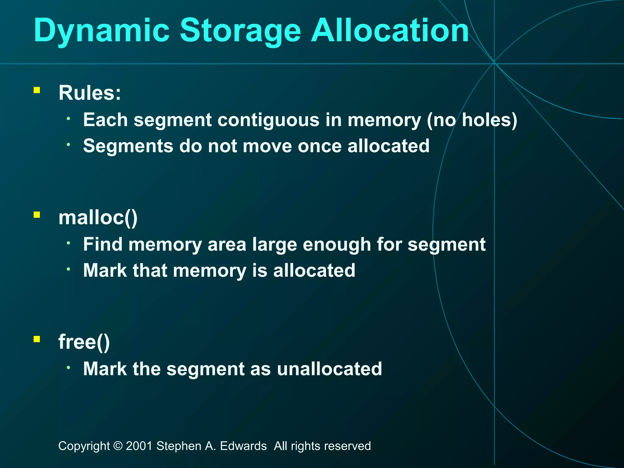 Copyright © 2001 Stephen A. Edwards All rights reserved
Dynamic Storage Allocation
 Rules:
• Each segment contiguous in memory (no holes)
• Segments do not move once allocated
 malloc()
• Find memory area large enough for segment
• Mark that memory is allocated
 free()
• Mark the segment as unallocated
 