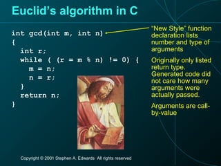 Copyright © 2001 Stephen A. Edwards All rights reserved
Euclid’s algorithm in C
int gcd(int m, int n)
{
int r;
while ( (r = m % n) != 0) {
m = n;
n = r;
}
return n;
}
“New Style” function
declaration lists
number and type of
arguments
Originally only listed
return type.
Generated code did
not care how many
arguments were
actually passed.
Arguments are call-
by-value
 