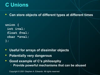 Copyright © 2001 Stephen A. Edwards All rights reserved
C Unions
 Can store objects of different types at different times
union {
int ival;
float fval;
char *sval;
};
 Useful for arrays of dissimilar objects
 Potentially very dangerous
 Good example of C’s philosophy
• Provide powerful mechanisms that can be abused
 