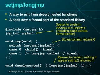 Copyright © 2001 Stephen A. Edwards All rights reserved
setjmp/longjmp
 A way to exit from deeply nested functions
 A hack now a formal part of the standard library
#include <setjmp.h>
jmp_buf jmpbuf;
void top(void) {
switch (setjmp(jmpbuf)) {
case 0: child(); break;
case 1: /* longjmp called */ break;
} }
void deeplynested() { longjmp(jmpbuf, 1); }
Space for a return
address and registers
(including stack pointer,
frame pointer)
Stores context, returns 0
Returns to context, making it
appear setjmp() returned 1
 