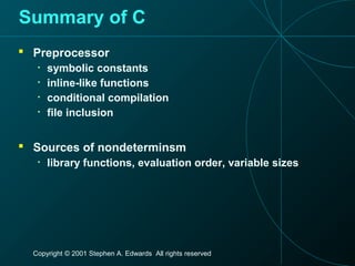 Copyright © 2001 Stephen A. Edwards All rights reserved
Summary of C
 Preprocessor
• symbolic constants
• inline-like functions
• conditional compilation
• file inclusion
 Sources of nondeterminsm
• library functions, evaluation order, variable sizes
 
