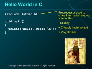 Copyright © 2001 Stephen A. Edwards All rights reserved
Hello World in C
#include <stdio.h>
void main()
{
printf(“Hello, world!n”);
}
Preprocessor used to
share information among
source files
- Clumsy
+ Cheaply implemented
+ Very flexible
 
