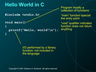 Copyright © 2001 Stephen A. Edwards All rights reserved
Hello World in C
#include <stdio.h>
void main()
{
printf(“Hello, world!n”);
}
Program mostly a
collection of functions
“main” function special:
the entry point
“void” qualifier indicates
function does not return
anything
I/O performed by a library
function: not included in
the language
 