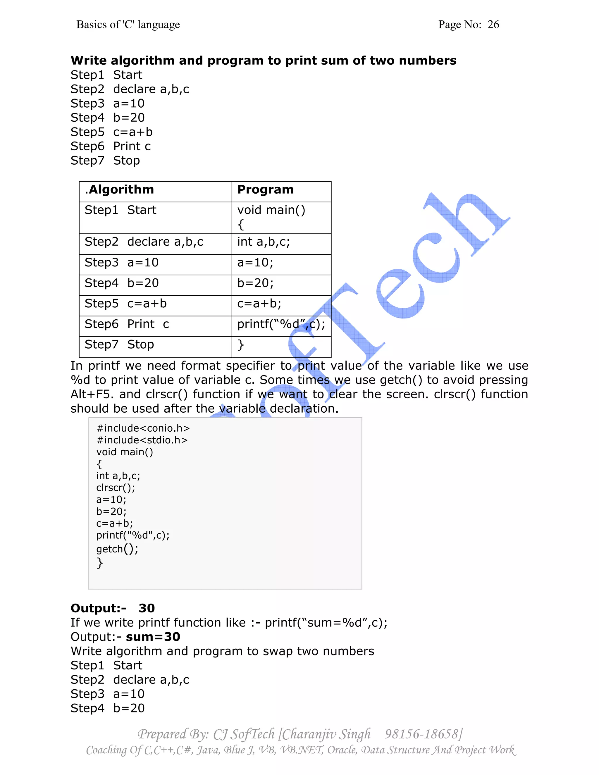 Basics of 'C' language Page No: 26
Prepared By: CJ SofTech [Charanjiv Singh 98156-18658]
Coaching Of C,C++,C#, Java, Blue J, VB, VB.NET, Oracle, Data Structure And Project Work
Write algorithm and program to print sum of two numbers
Step1 Start
Step2 declare a,b,c
Step3 a=10
Step4 b=20
Step5 c=a+b
Step6 Print c
Step7 Stop
.Algorithm Program
Step1 Start void main()
{
Step2 declare a,b,c int a,b,c;
Step3 a=10 a=10;
Step4 b=20 b=20;
Step5 c=a+b c=a+b;
Step6 Print c printf(“%d”,c);
Step7 Stop }
In printf we need format specifier to print value of the variable like we use
%d to print value of variable c. Some times we use getch() to avoid pressing
Alt+F5. and clrscr() function if we want to clear the screen. clrscr() function
should be used after the variable declaration.
Output:- 30
If we write printf function like :- printf(“sum=%d”,c);
Output:- sum=30
Write algorithm and program to swap two numbers
Step1 Start
Step2 declare a,b,c
Step3 a=10
Step4 b=20
#include<conio.h>
#include<stdio.h>
void main()
{
int a,b,c;
clrscr();
a=10;
b=20;
c=a+b;
printf("%d",c);
getch();
}
 