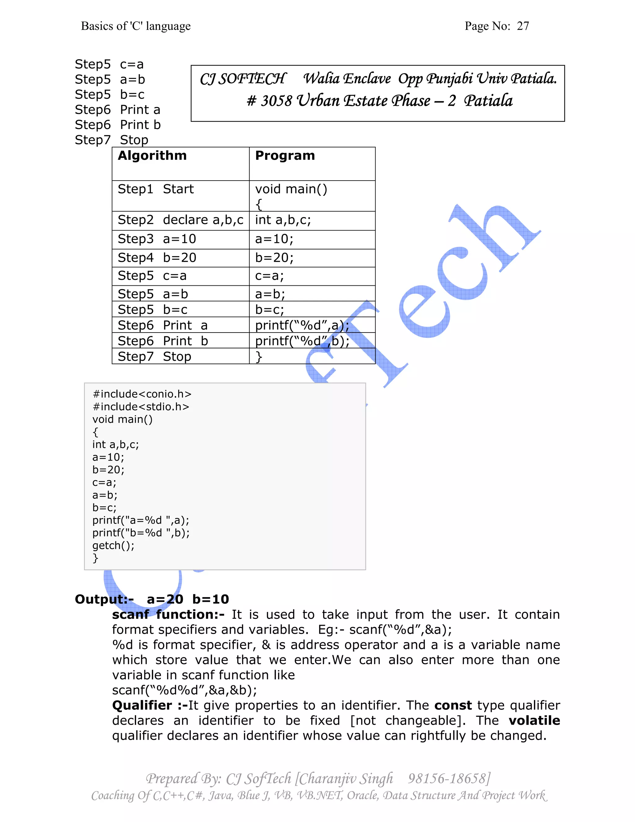 Basics of 'C' language Page No: 27
Prepared By: CJ SofTech [Charanjiv Singh 98156-18658]
Coaching Of C,C++,C#, Java, Blue J, VB, VB.NET, Oracle, Data Structure And Project Work
Step5 c=a
Step5 a=b
Step5 b=c
Step6 Print a
Step6 Print b
Step7 Stop
Algorithm Program
Step1 Start void main()
{
Step2 declare a,b,c int a,b,c;
Step3 a=10 a=10;
Step4 b=20 b=20;
Step5 c=a c=a;
Step5 a=b a=b;
Step5 b=c b=c;
Step6 Print a printf(“%d”,a);
Step6 Print b printf(“%d”,b);
Step7 Stop }
Output:- a=20 b=10
scanf function:- It is used to take input from the user. It contain
format specifiers and variables. Eg:- scanf(“%d”,&a);
%d is format specifier, & is address operator and a is a variable name
which store value that we enter.We can also enter more than one
variable in scanf function like
scanf(“%d%d”,&a,&b);
Qualifier :-It give properties to an identifier. The const type qualifier
declares an identifier to be fixed [not changeable]. The volatile
qualifier declares an identifier whose value can rightfully be changed.
#include<conio.h>
#include<stdio.h>
void main()
{
int a,b,c;
a=10;
b=20;
c=a;
a=b;
b=c;
printf("a=%d ",a);
printf("b=%d ",b);
getch();
}
CJ SOFTECH Walia Enclave Opp Punjabi Univ Patiala.CJ SOFTECH Walia Enclave Opp Punjabi Univ Patiala.CJ SOFTECH Walia Enclave Opp Punjabi Univ Patiala.CJ SOFTECH Walia Enclave Opp Punjabi Univ Patiala.
# 3058# 3058# 3058# 3058 Urban Estate PhaseUrban Estate PhaseUrban Estate PhaseUrban Estate Phase –––– 2222 PatialaPatialaPatialaPatiala
 