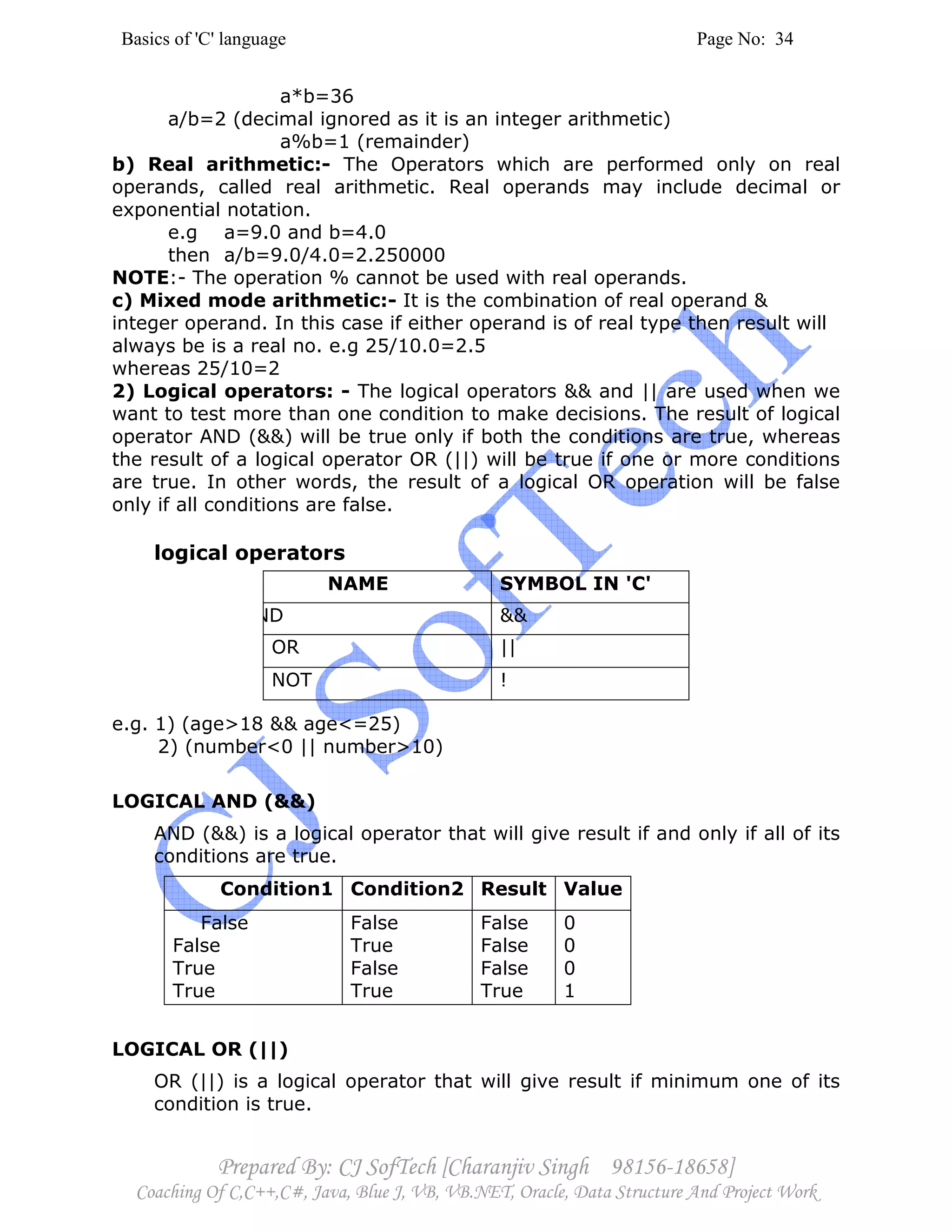 Basics of 'C' language Page No: 34
Prepared By: CJ SofTech [Charanjiv Singh 98156-18658]
Coaching Of C,C++,C#, Java, Blue J, VB, VB.NET, Oracle, Data Structure And Project Work
a*b=36
a/b=2 (decimal ignored as it is an integer arithmetic)
a%b=1 (remainder)
b) Real arithmetic:- The Operators which are performed only on real
operands, called real arithmetic. Real operands may include decimal or
exponential notation.
e.g a=9.0 and b=4.0
then a/b=9.0/4.0=2.250000
NOTE:- The operation % cannot be used with real operands.
c) Mixed mode arithmetic:- It is the combination of real operand &
integer operand. In this case if either operand is of real type then result will
always be is a real no. e.g 25/10.0=2.5
whereas 25/10=2
2) Logical operators: - The logical operators && and || are used when we
want to test more than one condition to make decisions. The result of logical
operator AND (&&) will be true only if both the conditions are true, whereas
the result of a logical operator OR (||) will be true if one or more conditions
are true. In other words, the result of a logical OR operation will be false
only if all conditions are false.
logical operators
e.g. 1) (age>18 && age<=25)
2) (number<0 || number>10)
LOGICAL AND (&&)
AND (&&) is a logical operator that will give result if and only if all of its
conditions are true.
Condition1 Condition2 Result Value
False
False
True
True
False
True
False
True
False
False
False
True
0
0
0
1
LOGICAL OR (||)
OR (||) is a logical operator that will give result if minimum one of its
condition is true.
NAME SYMBOL IN 'C'
AND &&
OR ||
NOT !
 