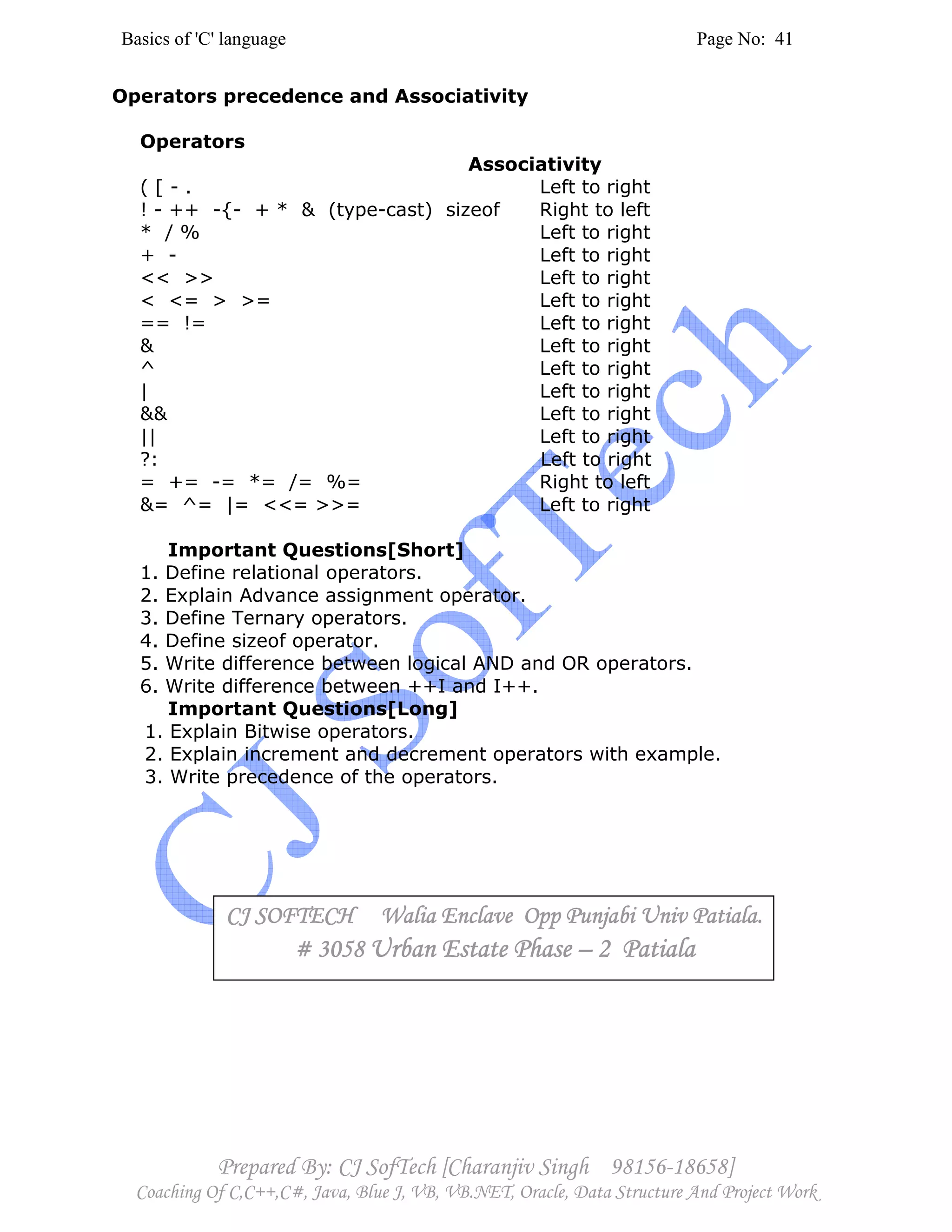 Basics of 'C' language Page No: 41
Prepared By: CJ SofTech [Charanjiv Singh 98156-18658]
Coaching Of C,C++,C#, Java, Blue J, VB, VB.NET, Oracle, Data Structure And Project Work
Operators precedence and Associativity
Operators
Associativity
( [ - . Left to right
! - ++ -{- + * & (type-cast) sizeof Right to left
* / % Left to right
+ - Left to right
<< >> Left to right
< <= > >= Left to right
== != Left to right
& Left to right
^ Left to right
| Left to right
&& Left to right
|| Left to right
?: Left to right
= += -= *= /= %= Right to left
&= ^= |= <<= >>= Left to right
Important Questions[Short]
1. Define relational operators.
2. Explain Advance assignment operator.
3. Define Ternary operators.
4. Define sizeof operator.
5. Write difference between logical AND and OR operators.
6. Write difference between ++I and I++.
Important Questions[Long]
1. Explain Bitwise operators.
2. Explain increment and decrement operators with example.
3. Write precedence of the operators.
CCCCJ SOFTECH Walia Enclave Opp Punjabi Univ Patiala.J SOFTECH Walia Enclave Opp Punjabi Univ Patiala.J SOFTECH Walia Enclave Opp Punjabi Univ Patiala.J SOFTECH Walia Enclave Opp Punjabi Univ Patiala.
# 3058# 3058# 3058# 3058 Urban Estate PhaseUrban Estate PhaseUrban Estate PhaseUrban Estate Phase –––– 2 Patiala2 Patiala2 Patiala2 Patiala
 