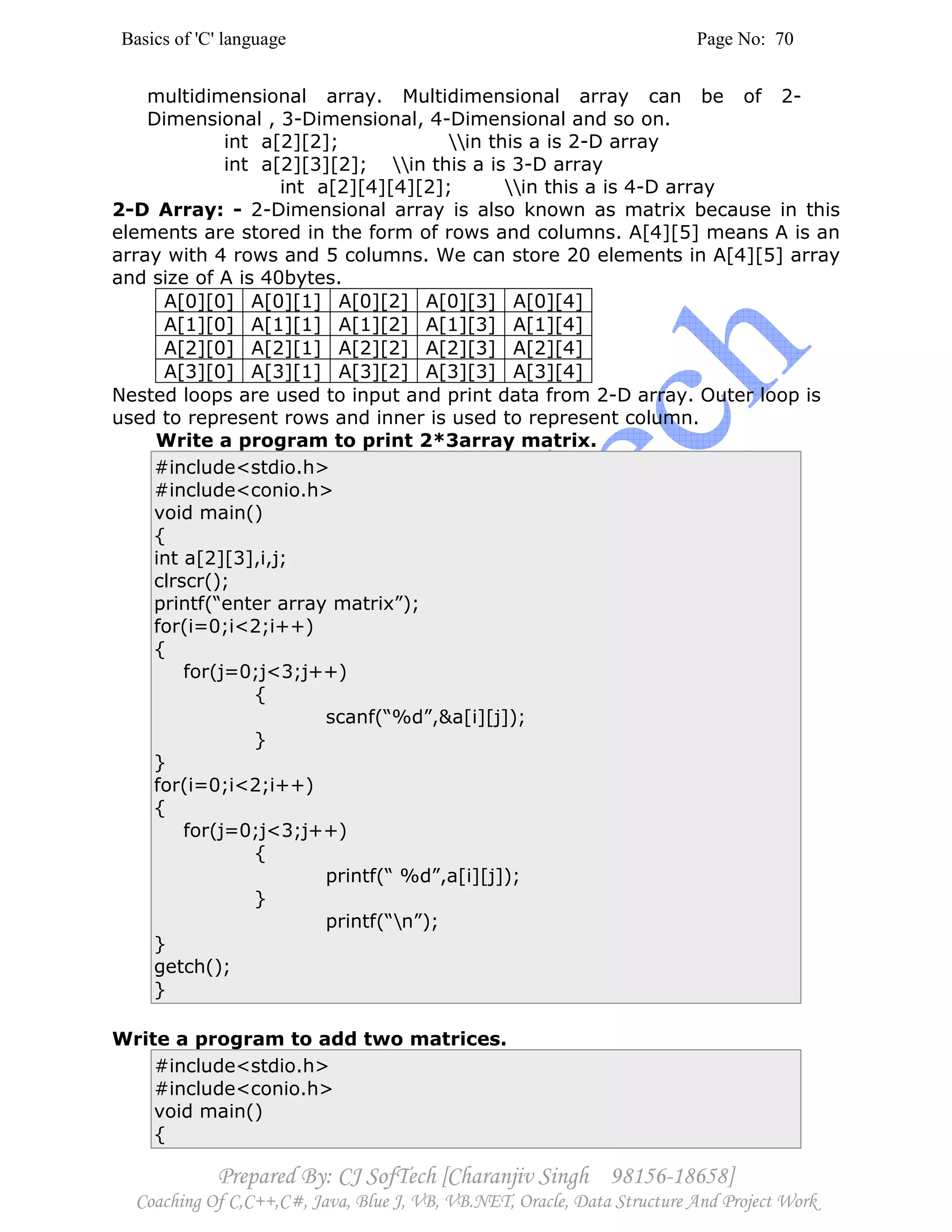 Basics of 'C' language Page No: 70
Prepared By: CJ SofTech [Charanjiv Singh 98156-18658]
Coaching Of C,C++,C#, Java, Blue J, VB, VB.NET, Oracle, Data Structure And Project Work
multidimensional array. Multidimensional array can be of 2-
Dimensional , 3-Dimensional, 4-Dimensional and so on.
int a[2][2]; in this a is 2-D array
int a[2][3][2]; in this a is 3-D array
int a[2][4][4][2]; in this a is 4-D array
2-D Array: - 2-Dimensional array is also known as matrix because in this
elements are stored in the form of rows and columns. A[4][5] means A is an
array with 4 rows and 5 columns. We can store 20 elements in A[4][5] array
and size of A is 40bytes.
A[0][0] A[0][1] A[0][2] A[0][3] A[0][4]
A[1][0] A[1][1] A[1][2] A[1][3] A[1][4]
A[2][0] A[2][1] A[2][2] A[2][3] A[2][4]
A[3][0] A[3][1] A[3][2] A[3][3] A[3][4]
Nested loops are used to input and print data from 2-D array. Outer loop is
used to represent rows and inner is used to represent column.
Write a program to print 2*3array matrix.
#include<stdio.h>
#include<conio.h>
void main()
{
int a[2][3],i,j;
clrscr();
printf(“enter array matrix”);
for(i=0;i<2;i++)
{
for(j=0;j<3;j++)
{
scanf(“%d”,&a[i][j]);
}
}
for(i=0;i<2;i++)
{
for(j=0;j<3;j++)
{
printf(“ %d”,a[i][j]);
}
printf(“n”);
}
getch();
}
Write a program to add two matrices.
#include<stdio.h>
#include<conio.h>
void main()
{
 