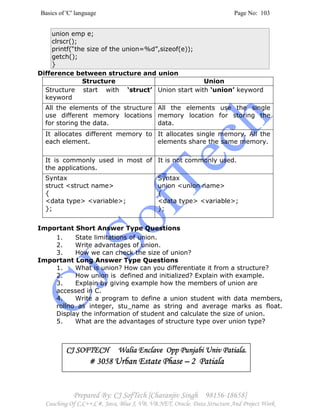 Basics of 'C' language Page No: 103
Prepared By: CJ SofTech [Charanjiv Singh 98156-18658]
Coaching Of C,C++,C#, Java, Blue J, VB, VB.NET, Oracle, Data Structure And Project Work
union emp e;
clrscr();
printf(“the size of the union=%d”,sizeof(e));
getch();
}
Difference between structure and union
Structure Union
Structure start with ‘struct’
keyword
Union start with ‘union’ keyword
All the elements of the structure
use different memory locations
for storing the data.
All the elements use the single
memory location for storing the
data.
It allocates different memory to
each element.
It allocates single memory. All the
elements share the same memory.
It is commonly used in most of
the applications.
It is not commonly used.
Syntax
struct <struct name>
{
<data type> <variable>;
};
Syntax
union <union name>
{
<data type> <variable>;
};
Important Short Answer Type Questions
1. State limitations of union.
2. Write advantages of union.
3. How we can check the size of union?
Important Long Answer Type Questions
1. What is union? How can you differentiate it from a structure?
2. How union is defined and initialized? Explain with example.
3. Explain by giving example how the members of union are
accessed in C.
4. Write a program to define a union student with data members,
rollno as integer, stu_name as string and average marks as float.
Display the information of student and calculate the size of union.
5. What are the advantages of structure type over union type?
CJ SOFTECH Walia Enclave Opp Punjabi Univ Patiala.CJ SOFTECH Walia Enclave Opp Punjabi Univ Patiala.CJ SOFTECH Walia Enclave Opp Punjabi Univ Patiala.CJ SOFTECH Walia Enclave Opp Punjabi Univ Patiala.
# 3058# 3058# 3058# 3058 Urban Estate PhaseUrban Estate PhaseUrban Estate PhaseUrban Estate Phase –––– 2 Patiala2 Patiala2 Patiala2 Patiala
 
