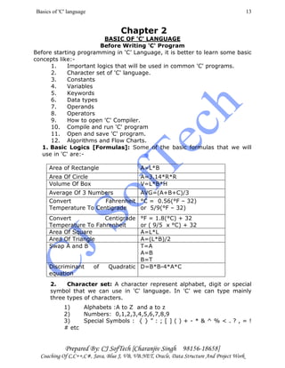 Basics of 'C' language
Prepared By: CJ SofTech [Charanjiv Singh 98156-18658]
Coaching Of C,C++,C#, Java, Blue J, VB, VB.NET, Oracle, Data Structure And Project Work
13
Chapter 2
BASIC OF 'C' LANGUAGE
Before Writing 'C' Program
Before starting programming in ‘C’ Language, it is better to learn some basic
concepts like:-
1. Important logics that will be used in common 'C' programs.
2. Character set of 'C' language.
3. Constants
4. Variables
5. Keywords
6. Data types
7. Operands
8. Operators
9. How to open 'C' Compiler.
10. Compile and run 'C' program
11. Open and save 'C' program.
12. Algorithms and Flow Charts.
1. Basic Logics [Formulas]: Some of the basic formulas that we will
use in 'C' are:-
Area of Rectangle A=L*B
Area Of Circle A=3.14*R*R
Volume Of Box V=L*B*H
Average Of 3 Numbers AVG=(A+B+C)/3
Convert Fahrenheit
Temperature To Centigrade
°C = 0.56(°F – 32)
or 5/9(°F – 32)
Convert Centigrade
Temperature To Fahrenheit
°F = 1.8(°C) + 32
or ( 9/5 x °C) + 32
Area Of Square A=L*L
Area Of Triangle A=(L*B)/2
Swap A and B T=A
A=B
B=T
Discriminant of Quadratic
equation
D=B*B-4*A*C
2. Character set: A character represent alphabet, digit or special
symbol that we can use in 'C' language. In 'C' we can type mainly
three types of characters.
1) Alphabets :A to Z and a to z
2) Numbers: 0,1,2,3,4,5,6,7,8,9
3) Special Symbols : { } ” : ; [ ] ( ) + - * & ^ % < . ? , = !
# etc
 