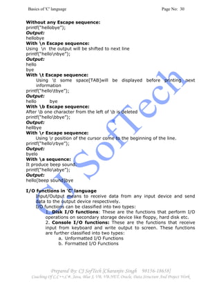 Basics of 'C' language Page No: 30
Prepared By: CJ SofTech [Charanjiv Singh 98156-18658]
Coaching Of C,C++,C#, Java, Blue J, VB, VB.NET, Oracle, Data Structure And Project Work
Without any Escape sequence:
printf(“hellobye”);
Output:
hellobye
With n Escape sequence:
Using n the output will be shifted to next line
printf(“hellonbye”);
Output:
hello
bye
With t Escape sequence:
Using t some space[TAB]will be displayed before printing next
information
printf(“hellotbye”);
Output:
hello bye
With b Escape sequence:
After b one character from the left of b is deleted
printf(“hellobbye”);
Output:
hellbye
With r Escape sequence:
Using r position of the cursor come to the beginning of the line.
printf(“hellorbye”);
Output:
byelo
With a sequence:
It produce beep sound.
printf(“helloabye”);
Output:
hello[beep sound]bye
I/O functions in 'C' language
Input/Output means to receive data from any input device and send
data to the output device respectively.
I/O functions can be classified into two types:
1. Disk I/O functions: These are the functions that perform I/O
operations on secondary storage device like floppy, hard disk etc.
2. Console I/O functions: These are the functions that receive
input from keyboard and write output to screen. These functions
are further classified into two types:
a. Unformatted I/O Functions
b. Formatted I/O Functions
 
