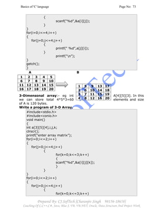 Basics of 'C' language Page No: 73
Prepared By: CJ SofTech [Charanjiv Singh 98156-18658]
Coaching Of C,C++,C#, Java, Blue J, VB, VB.NET, Oracle, Data Structure And Project Work
{
scanf(“%d”,&a[i][j]);
}
}
for(i=0;i<=4;i++)
{
for(j=0;j<=4;j++)
{
printf(“ %d”,a[j][i]);
}
printf(“n”);
}
getch();
}
A B
3-Dimensonal array:- eg int A[4][5][3]. In this
we can store total 4*5*3=60 elements and size
of A is 120 bytes.
Write a program of 3-D Array.
#include<stdio.h>
#include<conio.h>
void main()
{
int a[3][5][4],i,j,k;
clrscr();
printf(“enter array matrix”);
for(i=0;i<=2;i++)
{
for(j=0;j<=4;j++)
{
for(k=0;k<=3;k++)
{
scanf(“%d”,&a[i][j][k]);
}
}
}
for(i=0;i<=2;i++)
{
for(j=0;j<=4;j++)
{
for(k=0;k<=3;k++)
1 2 3 4 5
6 7 8 9 10
11 12 13 14 15
16 17 18 19 20
1 5 9 13 17
2 6 10 14 18
3 7 11 15 19
4 8 12 16 20
 