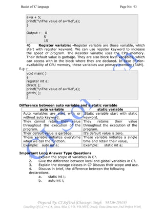 Basics of 'C' language Page No: 93
Prepared By: CJ SofTech [Charanjiv Singh 98156-18658]
Coaching Of C,C++,C#, Java, Blue J, VB, VB.NET, Oracle, Data Structure And Project Work
a=a + 5;
printf(“nThe value of a=%d”,a);
}
Output :- 0
5
15
4) Register variable: -Register variable are those variable, which
start with register keyword. We can use register keyword to increase
the speed of program. The Resister variable uses the CPU memory.
Their default value is garbage. They are also block level variables, which
can access with in the block where they are declared. In case of non-
availability of CPU memory, these variables use primary memory (RAM).
E.g :-
void main( )
{
register int a;
clrscr( );
printf(“nThe value of a=%d”,a);
getch( );
}
Difference between auto variable and a static variable
auto variable static variable
Auto variables are start with or
without auto keyword.
.Static variable start with static
keyword.
They cannot retain their value
throughout the execution of the
program.
They retains their value
throughout the execution of the
program.
Their default value is garbage. It’s default value is zero.
These variable initialize everytime
when we call the function.
These variable initialize a single
time and retain their value,
Example: auto int a; Example: static int a;
Important Long Answer Type Questions
1. Explain the scope of variables in C?.
2. Give the difference between local and global variables in C?.
3. Explain the storage classes in C? Discuss their scope and use.
4. Discuss in brief, the difference between the following
declarations.
a. static int i;
b. auto int i;
 