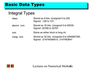 Lectures on Numerical Methods4
Basic Data TypesBasic Data Types
Integral Types
char Stored as 8 bits. Unsigned 0 to 255.
Signed -128 to 127.
short int Stored as 16 bits. Unsigned 0 to 65535.
Signed -32768 to 32767.
int Same as either short or long int.
long int Stored as 32 bits. Unsigned 0 to 4294967295.
Signed -2147483648 to 2147483647
 