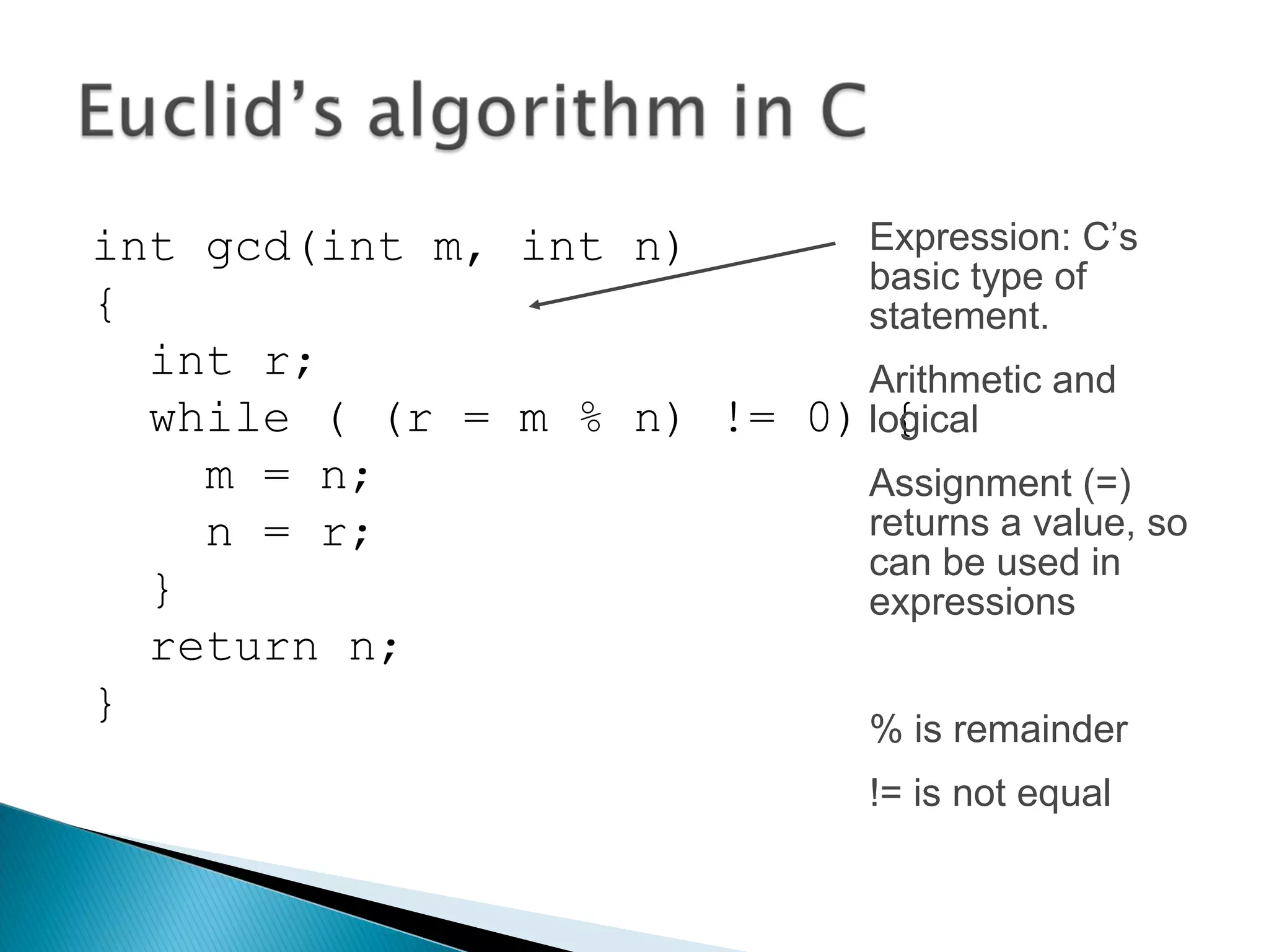 int gcd(int m, int n)
{
int r;
while ( (r = m % n) != 0) {
m = n;
n = r;
}
return n;
}
Expression: C’s
basic type of
statement.
Arithmetic and
logical
Assignment (=)
returns a value, so
can be used in
expressions
% is remainder
!= is not equal
 