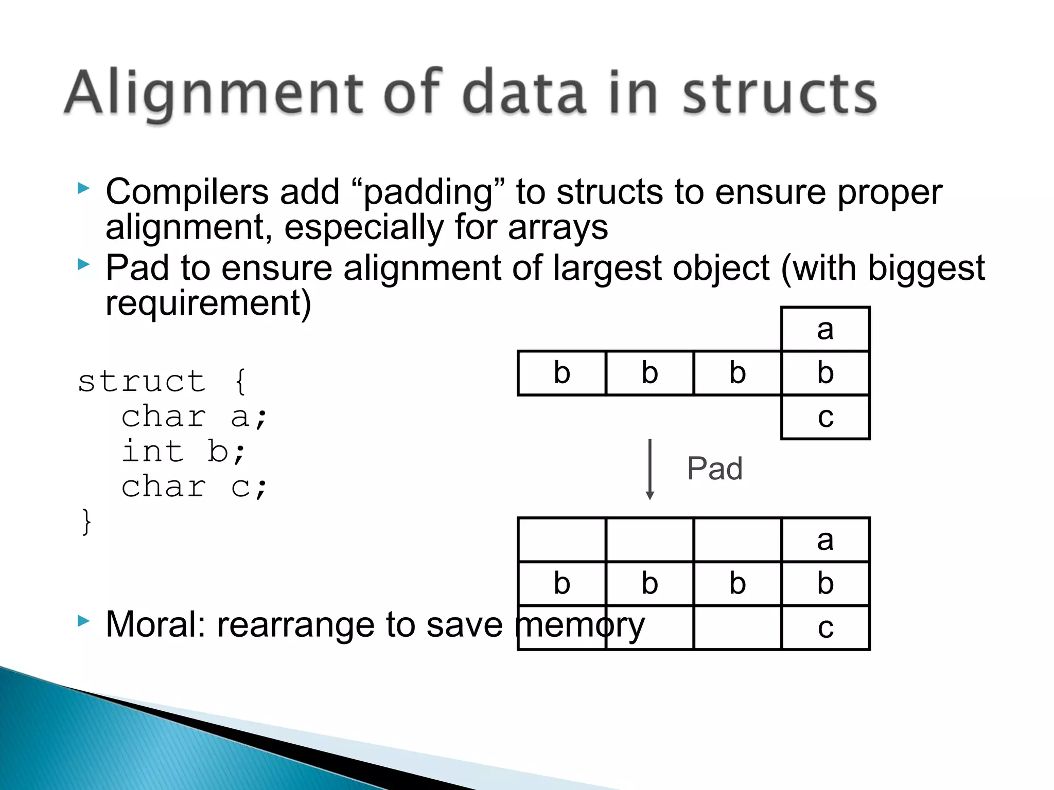  Compilers add “padding” to structs to ensure proper
alignment, especially for arrays
 Pad to ensure alignment of largest object (with biggest
requirement)
struct {
char a;
int b;
char c;
}
 Moral: rearrange to save memory
a
bbbb
c
a
bbbb
c
Pad
 