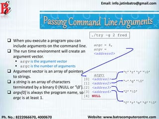 Website: www.batracomputercentre.comPh. No.: 8222066670, 4000670
Email: info.jatinbatra@gmail.com
 When you execute a program you can
include arguments on the command line.
 The run time environment will create an
argument vector.
 argv is the argument vector
 argc is the number of arguments
 Argument vector is an array of pointers
to strings.
 a string is an array of characters
terminated by a binary 0 (NULL or ‘0’).
 argv[0] is always the program name, so
argc is at least 1.
./try –g 2 fred
argc = 4,
argv =
<address0>
‘t’‘r’‘y’‘0’
argv:
[0] <addres1>
[1] <addres2>
[2] <addres3>
[3] <addres4>
[4] NULL
‘-’‘g’‘0’
‘2’‘0’
‘f’‘r’‘e’‘d’‘0’
 