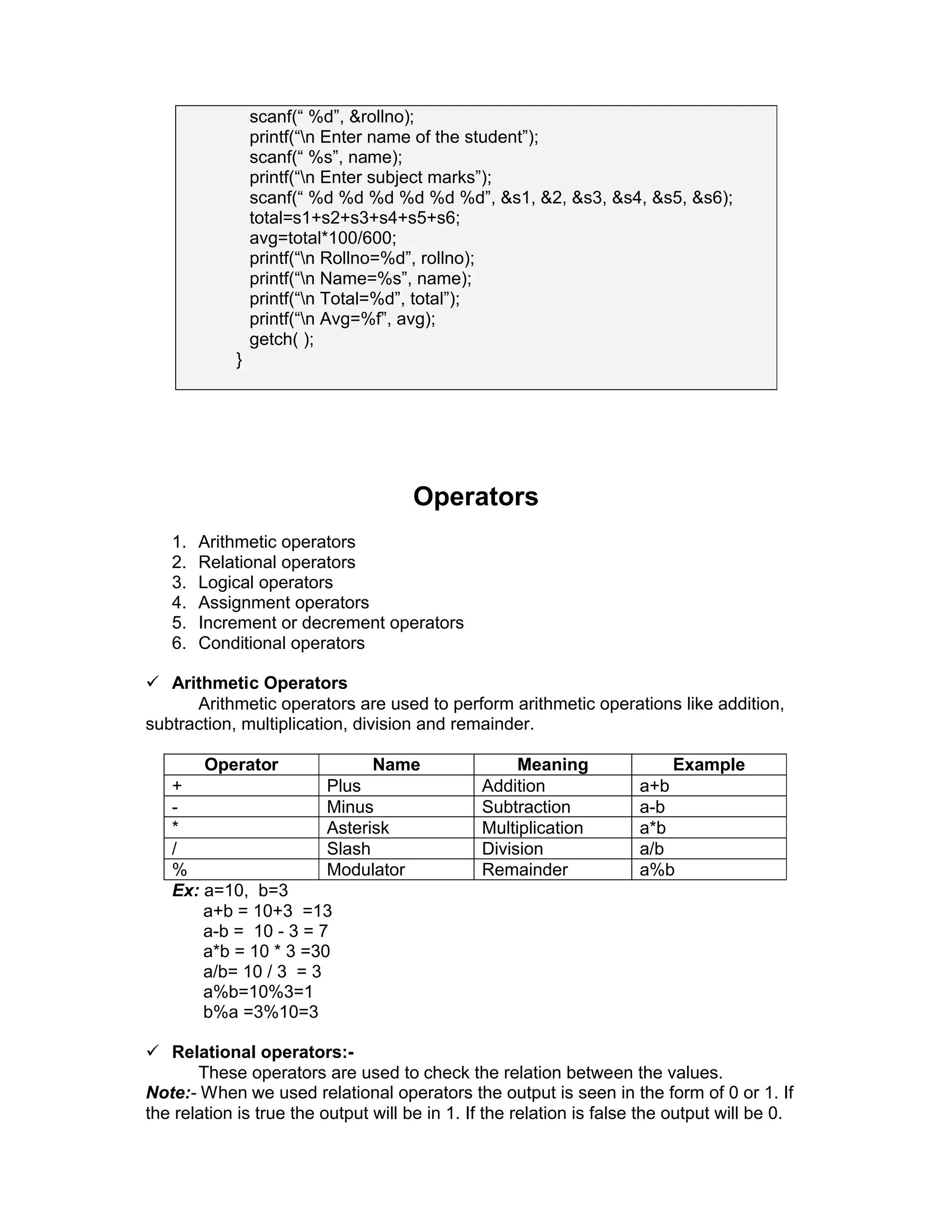 scanf(“ %d”, &rollno);
printf(“n Enter name of the student”);
scanf(“ %s”, name);
printf(“n Enter subject marks”);
scanf(“ %d %d %d %d %d %d”, &s1, &2, &s3, &s4, &s5, &s6);
total=s1+s2+s3+s4+s5+s6;
avg=total*100/600;
printf(“n Rollno=%d”, rollno);
printf(“n Name=%s”, name);
printf(“n Total=%d”, total”);
printf(“n Avg=%f”, avg);
getch( );
}
Operators
1. Arithmetic operators
2. Relational operators
3. Logical operators
4. Assignment operators
5. Increment or decrement operators
6. Conditional operators
 Arithmetic Operators
Arithmetic operators are used to perform arithmetic operations like addition,
subtraction, multiplication, division and remainder.
Operator Name Meaning Example
+ Plus Addition a+b
- Minus Subtraction a-b
* Asterisk Multiplication a*b
/ Slash Division a/b
% Modulator Remainder a%b
Ex: a=10, b=3
a+b = 10+3 =13
a-b = 10 - 3 = 7
a*b = 10 * 3 =30
a/b= 10 / 3 = 3
a%b=10%3=1
b%a =3%10=3
 Relational operators:-
These operators are used to check the relation between the values.
Note:- When we used relational operators the output is seen in the form of 0 or 1. If
the relation is true the output will be in 1. If the relation is false the output will be 0.
 