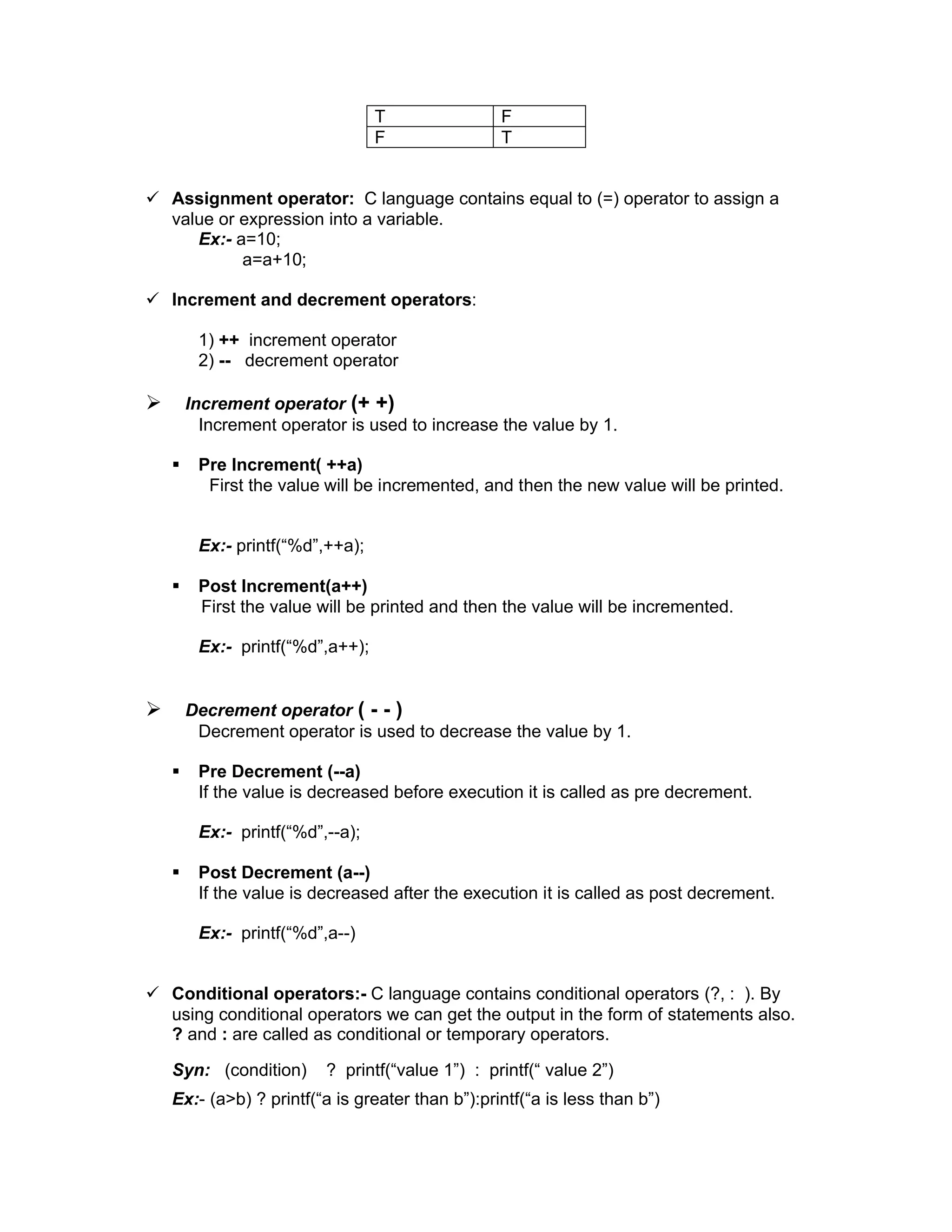 T F
F T
 Assignment operator: C language contains equal to (=) operator to assign a
value or expression into a variable.
Ex:- a=10;
a=a+10;
 Increment and decrement operators:
1) ++ increment operator
2) -- decrement operator
 Increment operator (+ +)
Increment operator is used to increase the value by 1.
 Pre Increment( ++a)
First the value will be incremented, and then the new value will be printed.
Ex:- printf(“%d”,++a);
 Post Increment(a++)
First the value will be printed and then the value will be incremented.
Ex:- printf(“%d”,a++);
 Decrement operator ( - - )
Decrement operator is used to decrease the value by 1.
 Pre Decrement (--a)
If the value is decreased before execution it is called as pre decrement.
Ex:- printf(“%d”,--a);
 Post Decrement (a--)
If the value is decreased after the execution it is called as post decrement.
Ex:- printf(“%d”,a--)
 Conditional operators:- C language contains conditional operators (?, : ). By
using conditional operators we can get the output in the form of statements also.
? and : are called as conditional or temporary operators.
Syn: (condition) ? printf(“value 1”) : printf(“ value 2”)
Ex:- (a>b) ? printf(“a is greater than b”):printf(“a is less than b”)
 