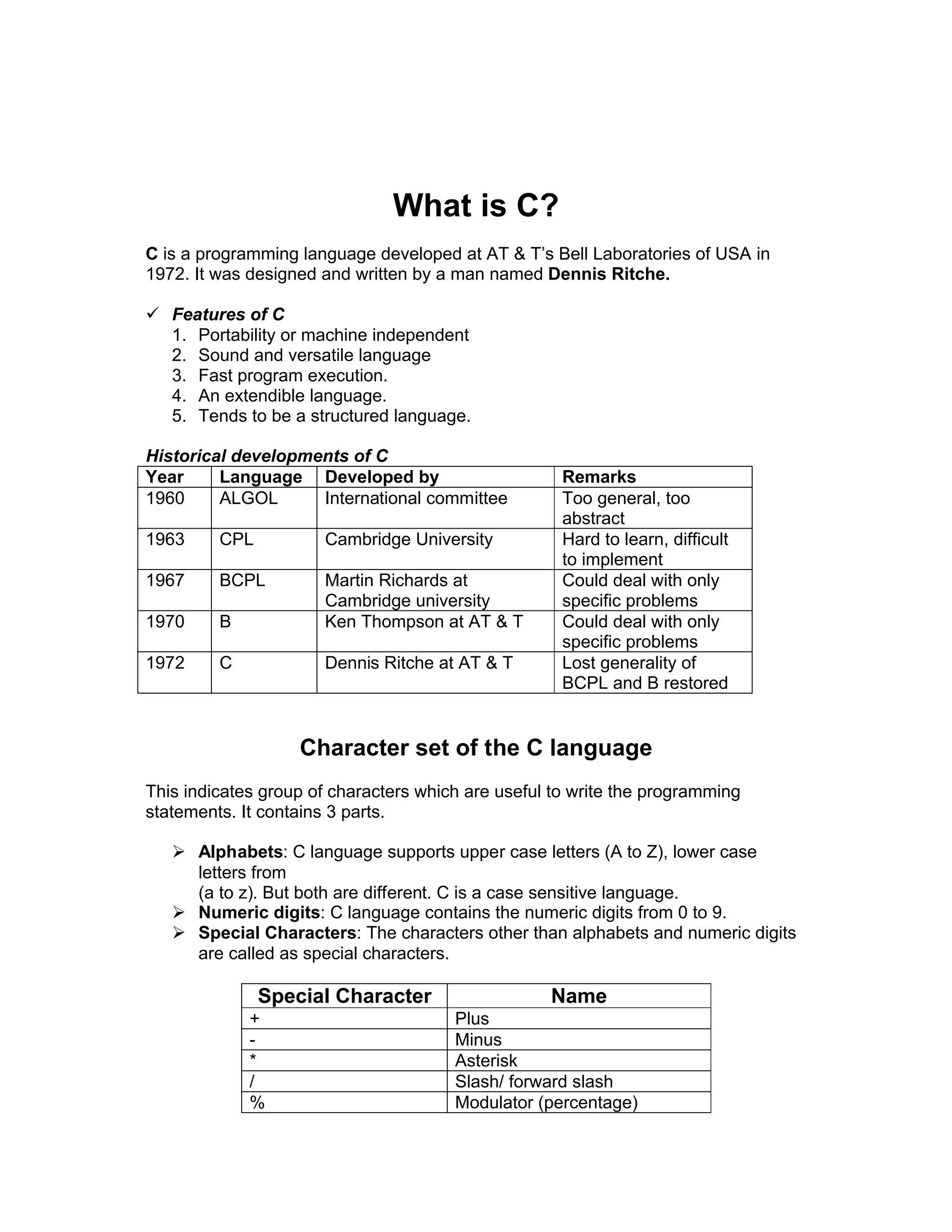 What is C?
C is a programming language developed at AT & T’s Bell Laboratories of USA in
1972. It was designed and written by a man named Dennis Ritche.
 Features of C
1. Portability or machine independent
2. Sound and versatile language
3. Fast program execution.
4. An extendible language.
5. Tends to be a structured language.
Historical developments of C
Year Language Developed by Remarks
1960 ALGOL International committee Too general, too
abstract
1963 CPL Cambridge University Hard to learn, difficult
to implement
1967 BCPL Martin Richards at
Cambridge university
Could deal with only
specific problems
1970 B Ken Thompson at AT & T Could deal with only
specific problems
1972 C Dennis Ritche at AT & T Lost generality of
BCPL and B restored
Character set of the C language
This indicates group of characters which are useful to write the programming
statements. It contains 3 parts.
 Alphabets: C language supports upper case letters (A to Z), lower case
letters from
(a to z). But both are different. C is a case sensitive language.
 Numeric digits: C language contains the numeric digits from 0 to 9.
 Special Characters: The characters other than alphabets and numeric digits
are called as special characters.
Special Character Name
+ Plus
- Minus
* Asterisk
/ Slash/ forward slash
% Modulator (percentage)
 