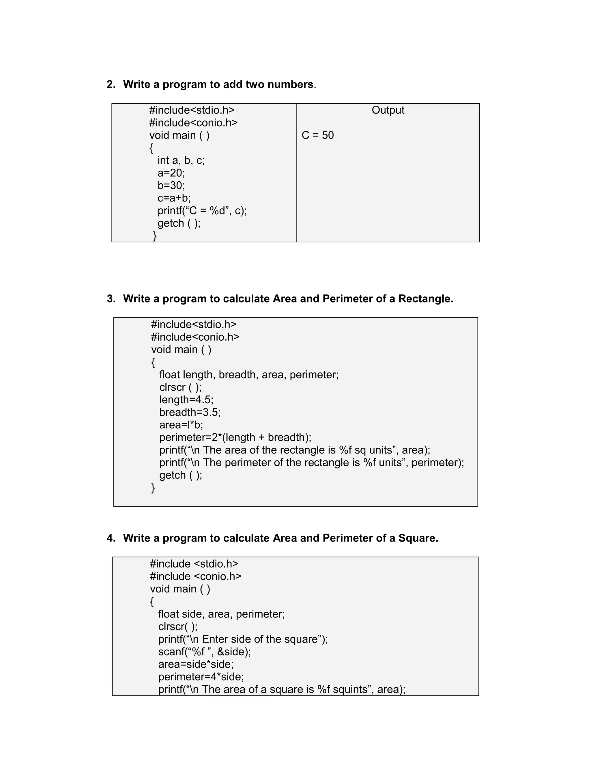 2. Write a program to add two numbers.
#include<stdio.h>
#include<conio.h>
void main ( )
{
int a, b, c;
a=20;
b=30;
c=a+b;
printf(“C = %d”, c);
getch ( );
}
Output
C = 50
3. Write a program to calculate Area and Perimeter of a Rectangle.
#include<stdio.h>
#include<conio.h>
void main ( )
{
float length, breadth, area, perimeter;
clrscr ( );
length=4.5;
breadth=3.5;
area=l*b;
perimeter=2*(length + breadth);
printf(“n The area of the rectangle is %f sq units”, area);
printf(“n The perimeter of the rectangle is %f units”, perimeter);
getch ( );
}
4. Write a program to calculate Area and Perimeter of a Square.
#include <stdio.h>
#include <conio.h>
void main ( )
{
float side, area, perimeter;
clrscr( );
printf(“n Enter side of the square”);
scanf(“%f ”, &side);
area=side*side;
perimeter=4*side;
printf(“n The area of a square is %f squints”, area);
 