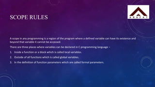 SCOPE RULES
A scope in any programming is a region of the program where a defined variable can have its existence and
beyond that variable it cannot be accessed.
There are three places where variables can be declared in C programming language −
1. Inside a function or a block which is called local variables.
2. Outside of all functions which is called global variables.
3. In the definition of function parameters which are called formal parameters.
 