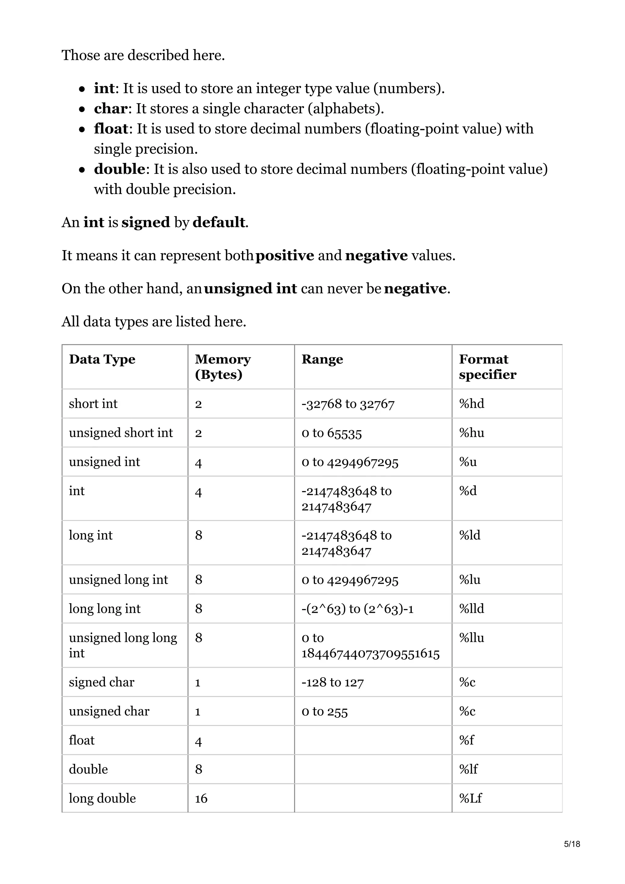 Those are described here.
int: It is used to store an integer type value (numbers).
char: It stores a single character (alphabets).
float: It is used to store decimal numbers (floating-point value) with
single precision.
double: It is also used to store decimal numbers (floating-point value)
with double precision.
An int is signed by default.
It means it can represent bothpositive and negative values.
On the other hand, anunsigned int can never be negative.
All data types are listed here.
Data Type Memory
(Bytes)
Range Format
specifier
short int 2 -32768 to 32767 %hd
unsigned short int 2 0 to 65535 %hu
unsigned int 4 0 to 4294967295 %u
int 4 -2147483648 to
2147483647
%d
long int 8 -2147483648 to
2147483647
%ld
unsigned long int 8 0 to 4294967295 %lu
long long int 8 -(2^63) to (2^63)-1 %lld
unsigned long long
int
8 0 to
18446744073709551615
%llu
signed char 1 -128 to 127 %c
unsigned char 1 0 to 255 %c
float 4 %f
double 8 %lf
long double 16 %Lf
5/18
 