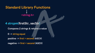 Standard Library Functions
4 strcpm(firstStr, secStr)
Compares 2 strings & returns a value
<string.h>
0 -> string equal
positive -> first > second (ASCII)
negative -> first < second (ASCII)
 