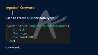 typedef Keyword
used to create alias for data types
coe student1;
 