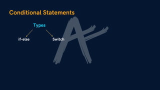 Conditional Statements
Types
if-else Switch
 
