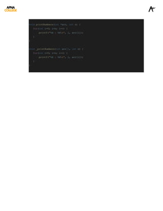 void printNumbers(int *arr, int n) {
for(int i=0; i<n; i++) {
printf("%d : %dn", i, arr[i]);
}
}
void _printNumbers(int arr[], int n) {
for(int i=0; i<n; i++) {
printf("%d : %dn", i, arr[i]);
}
}
 
