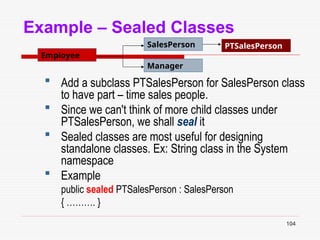 104
Example – Sealed Classes
 Add a subclass PTSalesPerson for SalesPerson class
to have part – time sales people.
 Since we can't think of more child classes under
PTSalesPerson, we shall seal it
 Sealed classes are most useful for designing
standalone classes. Ex: String class in the System
namespace
 Example
public sealed PTSalesPerson : SalesPerson
{ ………. }
Employee
Manager
SalesPerson PTSalesPerson
 