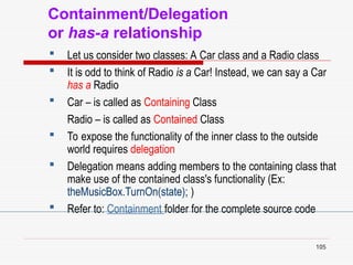 105
Containment/Delegation
or has-a relationship
 Let us consider two classes: A Car class and a Radio class
 It is odd to think of Radio is a Car! Instead, we can say a Car
has a Radio
 Car – is called as Containing Class
Radio – is called as Contained Class
 To expose the functionality of the inner class to the outside
world requires delegation
 Delegation means adding members to the containing class that
make use of the contained class's functionality (Ex:
theMusicBox.TurnOn(state); )
 Refer to: Containment folder for the complete source code
 