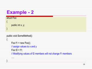 16
Example - 2
struct Foo
{
public int x, y;
}
public void SomeMethod()
{
Foo f1 = new Foo();
// assign values to x and y
Foo f2 = f1;
// Modifying values of f2 members will not change f1 members
….
}
 