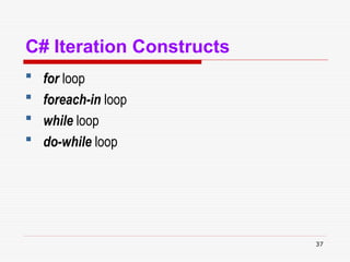 37
C# Iteration Constructs
 for loop
 foreach-in loop
 while loop
 do-while loop
 