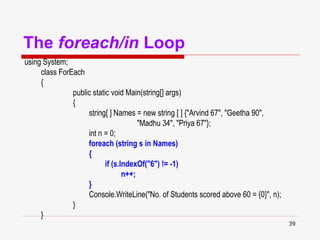 39
The foreach/in Loop
using System;
class ForEach
{
public static void Main(string[] args)
{
string[ ] Names = new string [ ] {"Arvind 67", "Geetha 90",
"Madhu 34", "Priya 67"};
int n = 0;
foreach (string s in Names)
{
if (s.IndexOf("6") != -1)
n++;
}
Console.WriteLine("No. of Students scored above 60 = {0}", n);
}
}
 