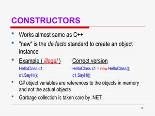 6
CONSTRUCTORS
 Works almost same as C++
 "new" is the de facto standard to create an object
instance
 Example ( illegal ) Correct version
HelloClass c1; HelloClass c1 = new HelloClass();
c1.SayHi(); c1.SayHi();
 C# object variables are references to the objects in memory
and not the actual objects
 Garbage collection is taken care by .NET
 