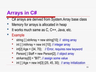 61
Arrays in C#
 C# arrays are derived from System.Array base class
 Memory for arrays is allocated in heap
 It works much same as C, C++, Java, etc.
 Example
 string [ ] strArray = new string[10]; // string array
 int [ ] intArray = new int [10]; // integer array
 int[2] Age = {34, 70}; // Error, requires new keyword
 Person[ ] Staff = new Person[2]; // object array
 strAarray[0] = "BIT"; // assign some value
 int [ ] Age = new int[3] {25, 45, 30}; // array initialization
 