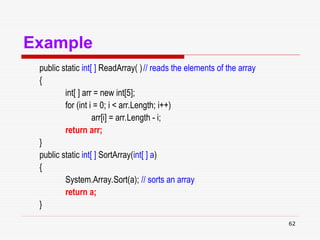 62
Example
public static int[ ] ReadArray( )// reads the elements of the array
{
int[ ] arr = new int[5];
for (int i = 0; i < arr.Length; i++)
arr[i] = arr.Length - i;
return arr;
}
public static int[ ] SortArray(int[ ] a)
{
System.Array.Sort(a); // sorts an array
return a;
}
 