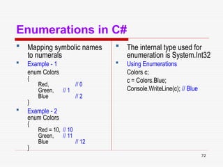72
Enumerations in C#
 Mapping symbolic names
to numerals
 Example - 1
enum Colors
{
Red, // 0
Green, // 1
Blue // 2
}
 Example - 2
enum Colors
{
Red = 10, // 10
Green, // 11
Blue // 12
}
 The internal type used for
enumeration is System.Int32
 Using Enumerations
Colors c;
c = Colors.Blue;
Console.WriteLine(c); // Blue
 
