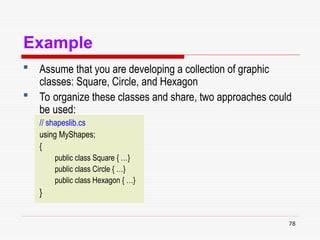 78
Example
 Assume that you are developing a collection of graphic
classes: Square, Circle, and Hexagon
 To organize these classes and share, two approaches could
be used:
// shapeslib.cs
using MyShapes;
{
public class Square { …}
public class Circle { …}
public class Hexagon { …}
}
 