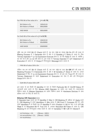 103 
Any Question or Suggestion, Click Here to Discuss 
C in Hindi 
For Fifth Bit of the value of x: j = x  16; 
Bit-Pattern of x : 10010110 
Bit-Pattern of Mask : 00010000 
------------------------------- 
AND MASK : 00010000 
------------------------------- 
For Sixth Bit of the value of x: j = x  32; 
Bit-Pattern of x : 10010110 
Bit-Pattern of Mask : 00100000 
------------------------------- 
AND MASK : 00000000 
------------------------------- 
pwafd tc ge ikapos Bit dks Check djrs gSa] rc eku 150 dk ikapok Bit On gksus dh otg ls Making Process ls 1 Generate gksrk gS vkSj ;s 1 Variable j esa Store gks tkrk gSA fQj Ternary Operator esa (j==0) Expression Execute gksrk gS] tks fd False gks tkrk gS] D;ksafd j dk eku 1 gS vkSj (1==0) ugha gksrk gSA bl otg ls Ternary Operator ds nwljs Statement dk Execution gks tkrk gS] tks Output esa fuEukuqlkj Message iznku djrk gS% 
Fifth Bit of value 150 is On 
ysfdu tc ge NBs Bit dks Check djrs gSa] rc eku 150 dk NBk Bit Off gksus dh otg ls Masking Process ls 0 Generate gksrk gS vkSj ;s 0 Variable j esa Store gks tkrk gSA vxys Statement esa fQj ls (j==0) Expression Execute gksrk gS] tks bl ckj True gksus dh otg ls Ternary Statement ds igys Statement dk Execution dj nsrk gS vkSj gesa fuEukuqlkj Output izkIr gksrk gS% 
Sixth Bit of value 150 is Off 
bl izdkj ls ge fdlh Hkh Identifier ds eku ds fdlh Particular Bit dks On/Off Status dh tkudkjh izkIr djus ds fy, Bitwise AND Operator dk iz;ksx dj ldrs gSaA lkekU;r;k fofHkUu izdkj ds Bitwise Operators dk iz;ksx fofHkUu izdkj ds Hardware Devices ds lkFk izfØ;k djus ds fy, gh djrs gSaA 
Bitwise OR Operator ( | ) 
;s Operator Use djds ge nks Identifier ds Bits ij OR Masking dh izfØ;k dks Apply djrs gSaA OR Masking esa nksuksa Identifiers ds Bits vkil esa OR Form esa Compare gksrs gSaA ;fn nksuksa Identifiers esa ls fdlh ,d Hkh Identifier esa leku Position ij Bit dk eku 1 gks ;kuh Bit True gks rks Resultant Bit Hkh True gksrk gS] vU;Fkk Resultant Bit False gks tkrk gSA OR Masking dks ge fuEukuqlkj le ldrs gSa] tgka nks Variables esa 19 o 21 eku Stored gS% 
int firstValue = 19; //Binary : 10011 
int secondValue = 21; //Binary : 10101 
int resultValue; 
 