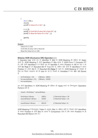 105 
Any Question or Suggestion, Click Here to Discuss 
C in Hindi 
{ 
int x = 150, j; 
clrscr(); 
printf(n Value of x is %d , x); 
j = x | 8; 
printf(n Forth Bit of value %d is Now On, x); 
printf(n Now the Value of x is %d  , j); 
getch(); 
} 
Output: 
Value of x is 150 
Forth Bit of value 150 is Now On 
Now the Value of x is 158 
Bitwise XOR (Exclusive OR) Operator ( | ) 
;s Operator Use djds ge nks Identifier ds Bits ij XOR Masking dh izfØ;k dks Apply djrs gSaA XOR Masking esa nksuksa Identifiers ds Bits vkil esa XOR Form esa Compare gksrs gSaA ;fn nksuksa Identifiers esa ls fdlh ,d Hkh Identifier esa leku Position ij Bit dk eku 1 gks ;kuh Bit True gks rks Resultant Bit Hkh True gksrk gS] ysfdu ;fn nksuksa gh Identifiers esa leku Position ij leku Bit gks] rks Resultant Bit False gks tkrk gSA XOR Masking dks leus ds fy, ge fiNys mnkgj.k dks gh Use dj jgs gSa] ftlesa nks Variables esa eku 19 o 21 Stored gSa% 
int firstValue = 19; //Binary : 10011 
int secondValue = 21; //Binary : 10101 
int resultValue; 
bu nksuksa Identifiers ij XOR Masking dh izfØ;k dks Apply djus ij fuEukuqlkj Operation Perform gksrs gSa% 
result = firstValue ^ secondValue; 
firstValue’s Binary : 10011 // Decimal Value = 19 
secondValue’s Binary : 10101 // Decimal Value = 21 
-------------------------------------------------- 
resultValue’s Binary : 00110 // Decimal Value = 6 
-------------------------------------------------- 
XOR Masking esa fuEukuqlkj Table ds vuqlkj Bits ij izfØ;k gksrh gS] ftlesa nksuksa Identifiers ds leku Position ds nksuksa Bits dk vkil esa Comparison gksrk gS vkSj leku Position ij gh Resultant Bit Return gksrk gSA 
 