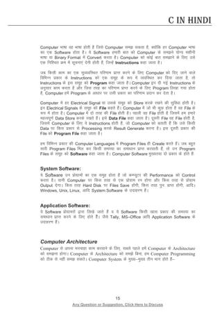 15 
Any Question or Suggestion, Click Here to Discuss 
C in Hindi 
Computer Hkk’kk og Hkk’kk gksrh gS ftls Computer le ldrk gS] D;ksafd gj Computer Hkk’kk dk ,d Software gksrk gSA ;s Software gekjh ckr dks Computer ds leus ;ksX; e”khuh Hkk’kk ;k Binary Format esa Convert djrk gSA Computer dks dksbZ ckr lekus ds fy, mls ,d fuf”pr Øe esa lwpuk,a nsuh gksrh gSa] ftUgsa Instructions dgk tkrk gSA 
tc fdlh dke dk ,d lqO;ofLFkr ifj.kke izkIr djus ds fy, Computer dks fn, tkus okys fofHkUu izdkj ds Instructions dks ,d lewg ds :i esa O;ofLFkr dj fn;k tkrk gS] rks Instructions ds bl lewg dks Program dgk tkrk gSA Computer bu nh xbZ Instructions ds vuqlkj dke djrk gS vkSj ftl rjg dk ifj.kke izkIr djus ds fy, Program fy[kk x;k gksrk gS] Computer gesa Program ds vk/kkj ij mlh izdkj dk ifj.kke iznku dj nsrk gSA 
Computer esa gj Electrical Signal ;k mlds lewg dks Store djds j[kus dh lqfo/kk gksrh gSA bu Electrical Signals ds lewg dks File dgrs gSaA Computer esa tks Hkh dqN gksrk gS og File ds :i esa gksrk gSA Computer esa nks rjg dh File gksrh gSA igyh og File gksrh gS ftlesa ge gekjs egRoiw.kZ Data Store djds j[krs gSaA bls Data File dgk tkrk gSA nwljh File og File gksrh gS] ftlesa Computer ds fy, os Instructions gksrh gSa] tks Computer dks crkrh gSa fd mls fdlh Data ij fdl izdkj ls Processing djds Result Generate djuk gSA bl nwljh izdkj dh File dks Program File dgk tkrk gSA 
ge fofHkUu izdkj dh Computer Languages esa Program Files gh Create djrs gSaA tc cgqr lkjh Program Files fey dj fdlh leL;k dk lek/kku izkIr djokrh gSa] rks mu Program Files ds lewg dks Software dgk tkrk gSA Computer Software eq[;r;k nks izdkj ds gksrs gSa% 
System Software: 
;s Software mu izksxzkeksa dk ,d leqg gksrk gSa tks dEI;wVj dh Performance dks Control djrk gSA ;kuh Computer ij fdl rjg ls ,d izksxzke ju gksxk vkSj fdl rjg ls izksxzke Output nsxkA fdl rjg Hard Disk ij Files Save gksaxh] fdl rjg iqu% izkIr gksaxh] vkfnA Windows, Unix, Linux, vkfn System Software ds mnkgj.k gSaA 
Application Software: 
;s Software izksxzkejksa }kjk fy[ks tkrs gSa o ;s Software fdlh [kkl izdkj dh leL;k dk lek/kku izkIr djus ds fy, gksrs gSasA tSls Tally, MS–Office vkfn Application Software ds mnkgj.k gSaA 
Computer Architecture 
Computer ls viuk eupkgk dke djokus ds fy,] lcls igys gesa Computer ds Architecture dks leuk gksxkA Computer ds Architecture dks les fcuk] ge Computer Programming dks Bhd ls ugha le ldrsA Computer System ds eq[;eq[; rhu Hkkx gksrs gSa 
 